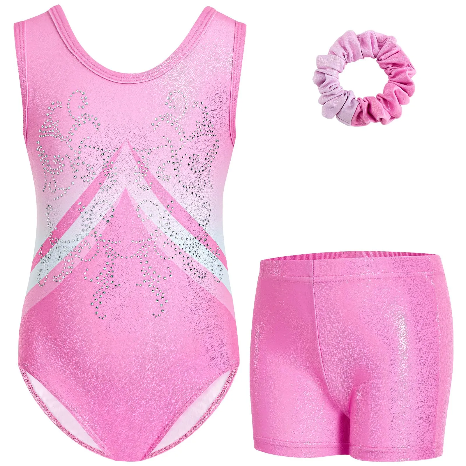 Gogokids - Set di tuta da ginnastica senza maniche per ragazze, in tre pezzi con pantaloncini e elastico per capelli, outfit da ginnastica per bambini con scavature e design incrociato, tuta da - immagine 1