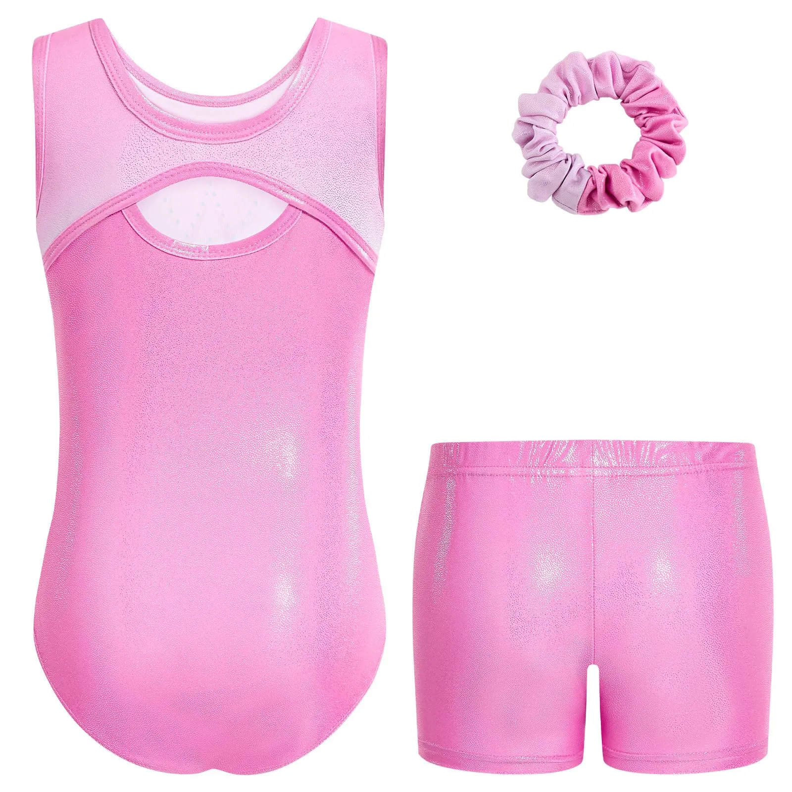 Gogokids - Set di tuta da ginnastica senza maniche per ragazze, in tre pezzi con pantaloncini e elastico per capelli, Outfit da ginnastica per bambini con scavature e design incrociato, tuta da ballo - immagine 2