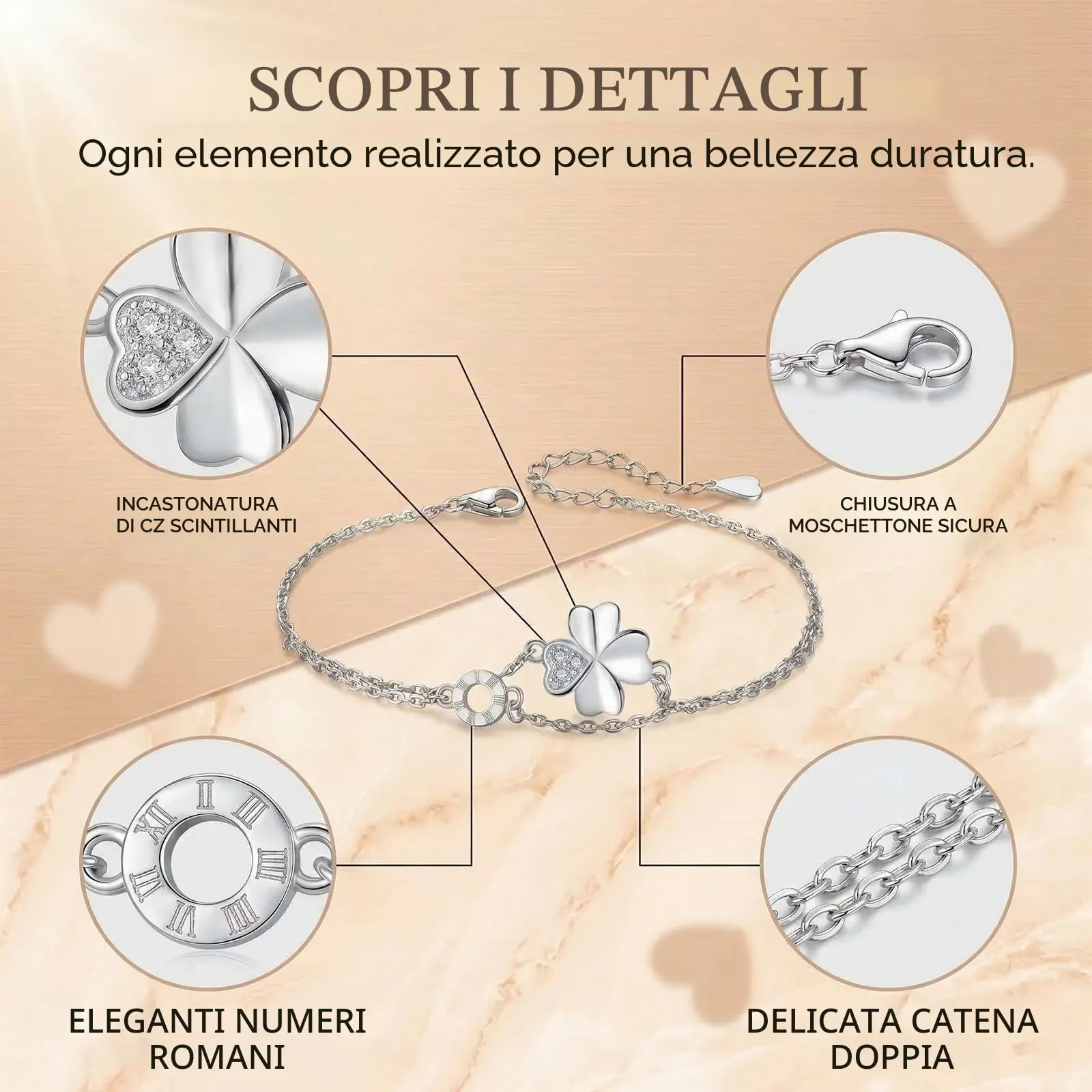 JYXNU Bracciale da donna in argento con quadrifoglio, bracciale da donna, da donna, per fidanzata, braccialetti dell'amicizia, regali per donne, Regalo Amica, Idea Regalo Per le Donne - immagine 3
