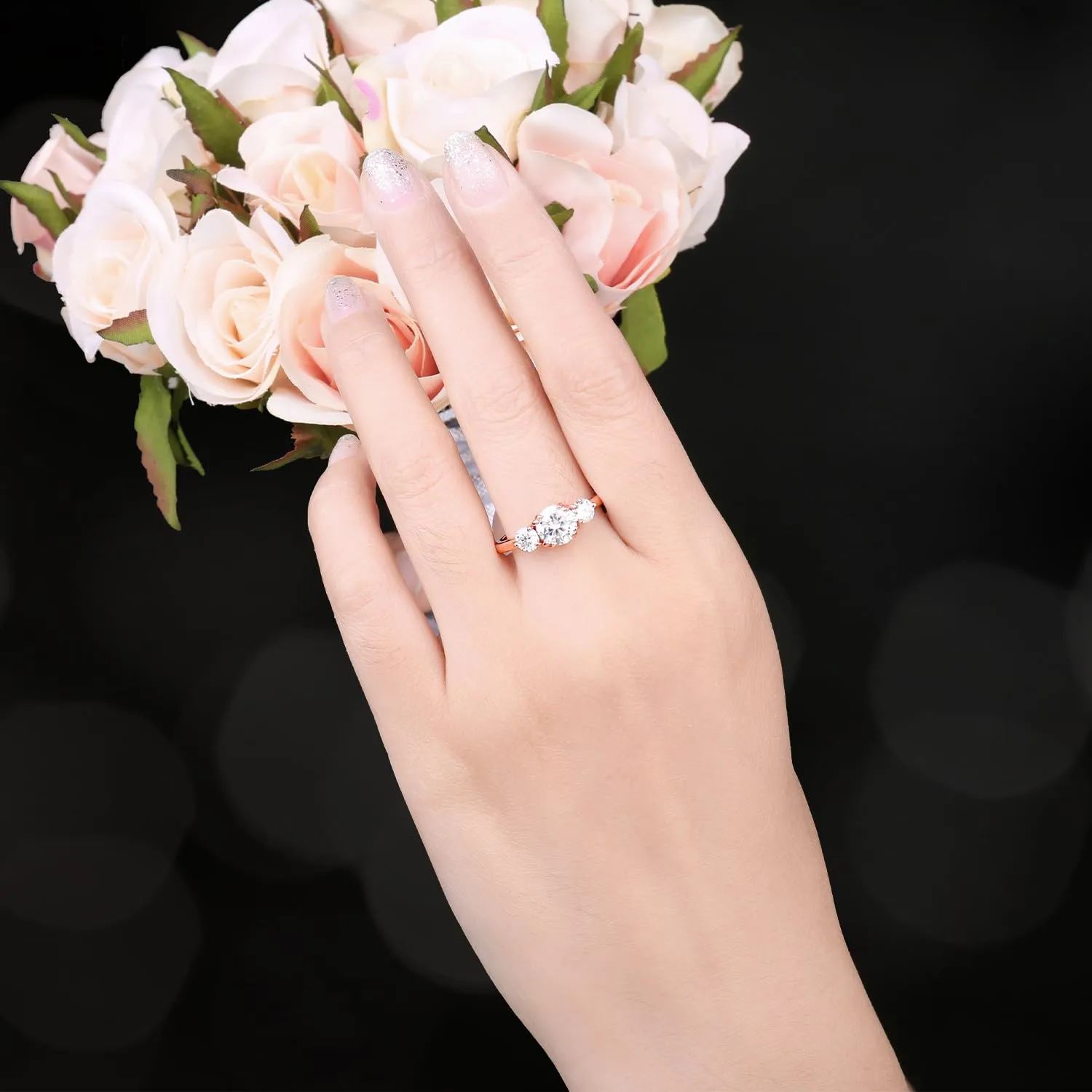 JewelryPalace 1ct Classico Anello a Tre Pietre Donna placcato oro rosa 14K con Cubica Zirconia, Anelli Donna con Pietra Rotondo, Fede Nuziale in Oro Rosa Anello Matrimonio Set Gioielli Donna 9.5 - immagine 5