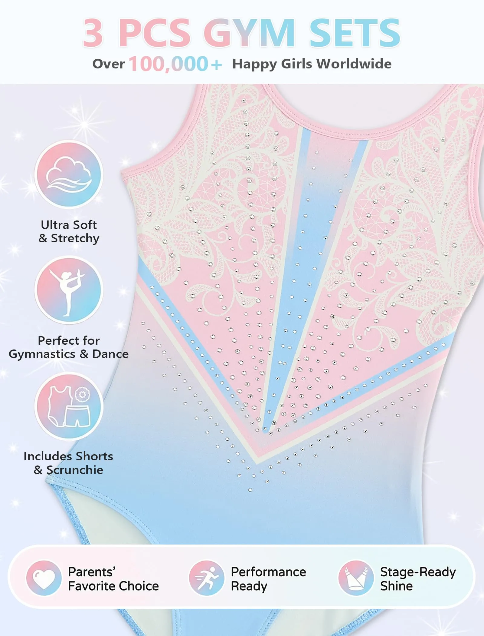 Gogokids Body da ginnastica per ragazze, 3 pezzi, set sportivo scintillante - immagine 4