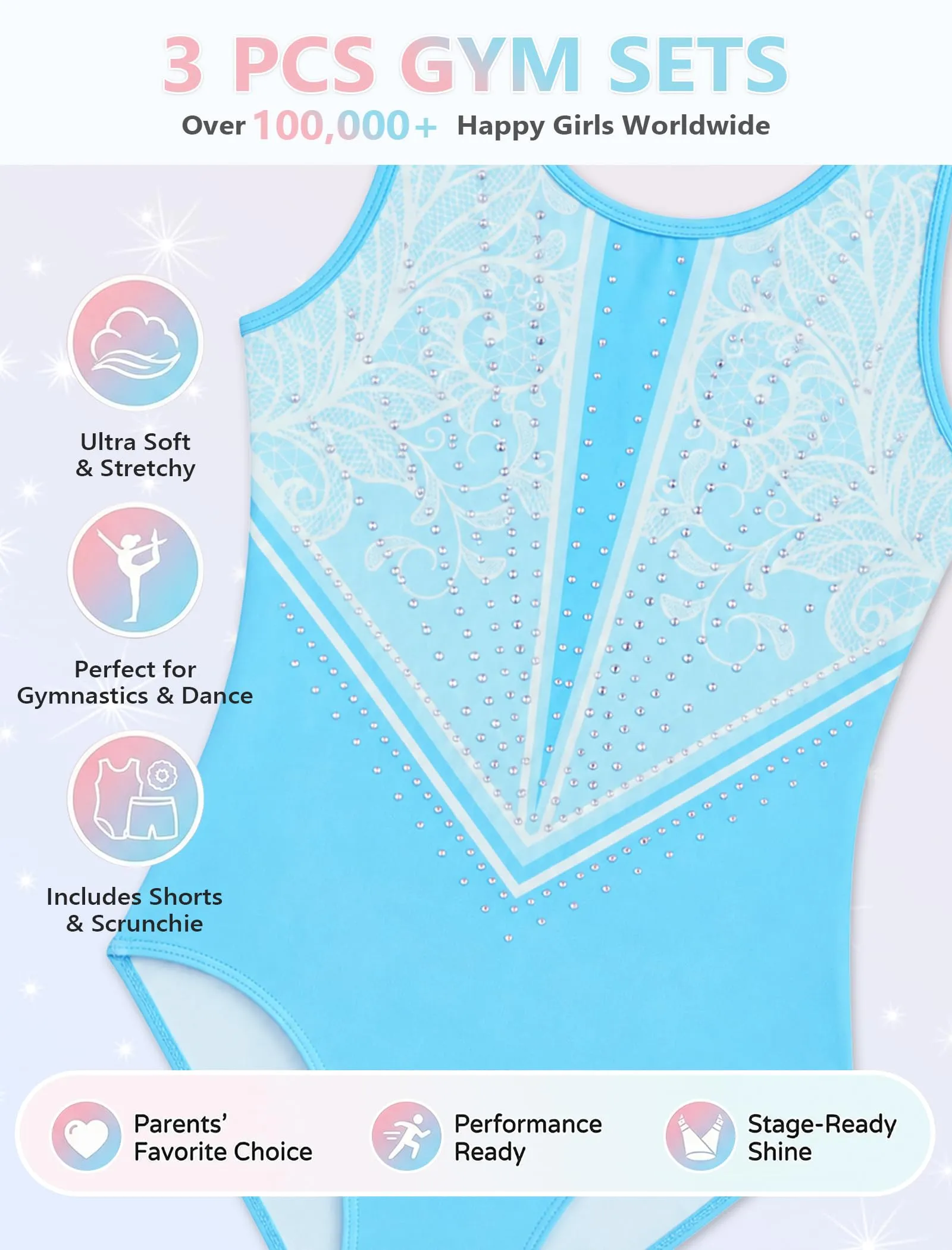 Gogokids Body da ginnastica per ragazze, 3 pezzi, set sportivo scintillante - immagine 4