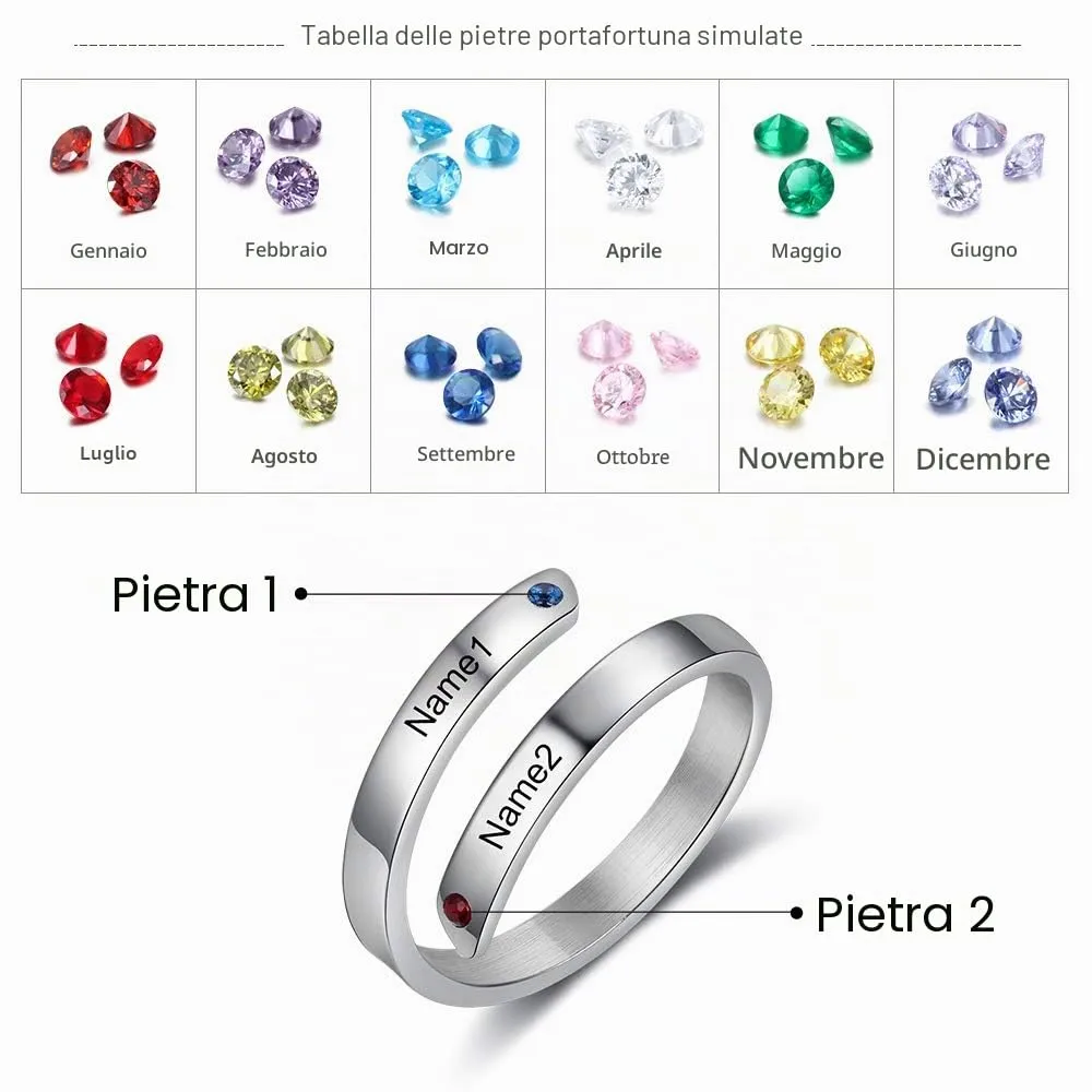 Presentimental Anello Personalizzato con Nomi e Pietre di Nascita Anello Aperto Regolabile Donna Regalo Mamma Moglie Fidanzata - immagine 2