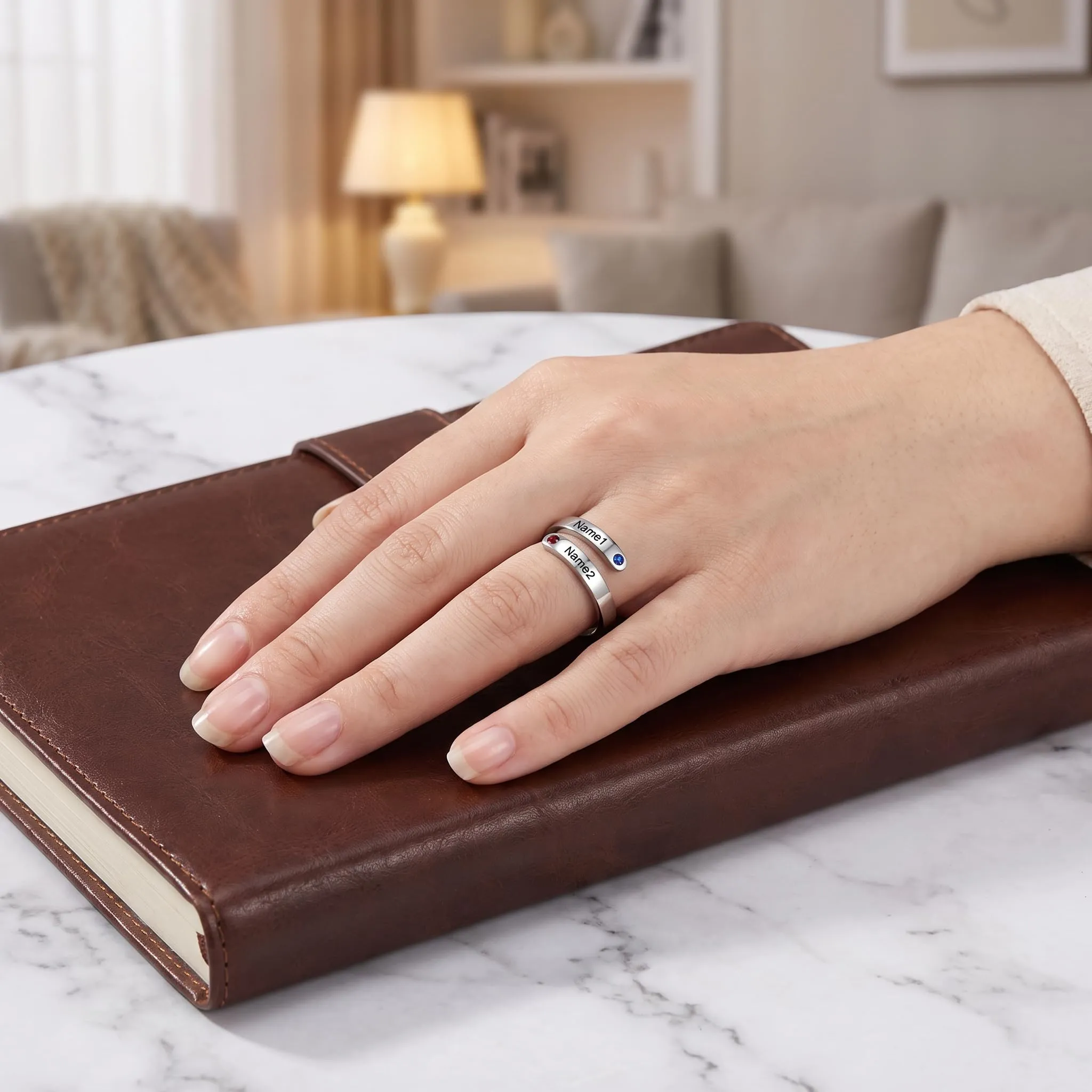 Presentimental Anello Personalizzato con Nomi e Pietre di Nascita Anello Aperto Regolabile Donna Regalo Mamma Moglie Fidanzata - immagine 8