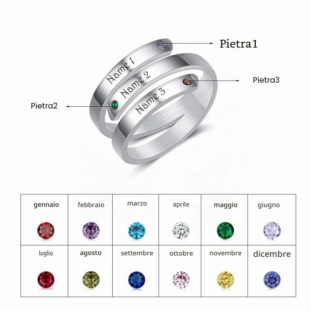 Presentimental Anello Personalizzato con Nomi e Pietre di Nascita Anello Aperto Regolabile Donna Regalo Mamma Moglie Fidanzata - immagine 2