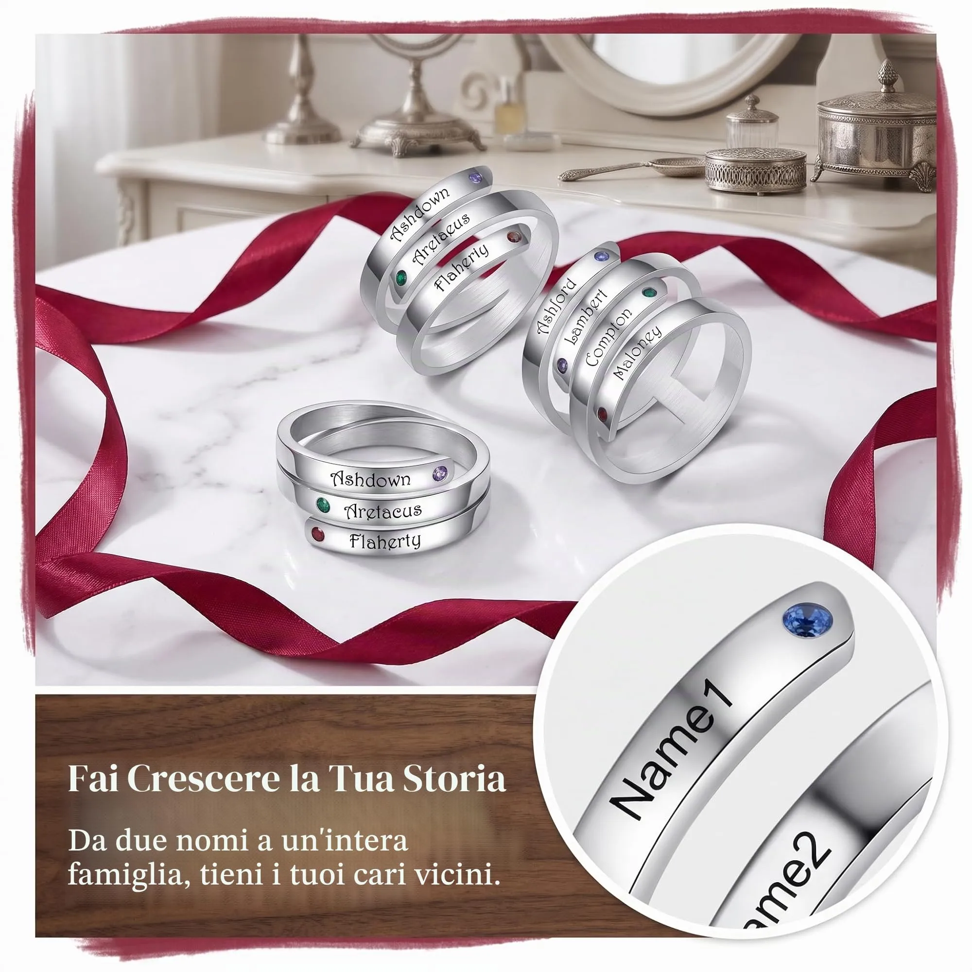 Presentimental Anello Personalizzato con Nomi e Pietre di Nascita Anello Aperto Regolabile Donna Regalo Mamma Moglie Fidanzata - immagine 5