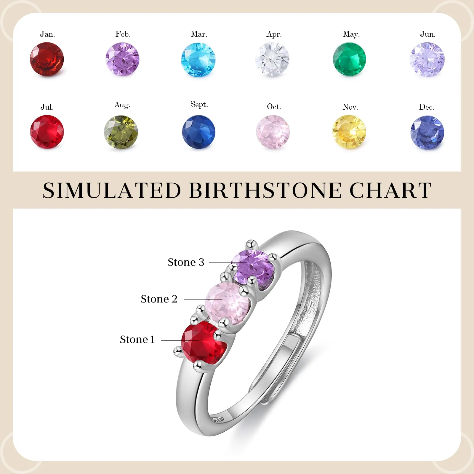 Presentimental Anello Personalizzato con Nomi e Pietre di Nascita Anello Aperto Regolabile Donna Regalo Mamma Moglie Fidanzata - immagine 2
