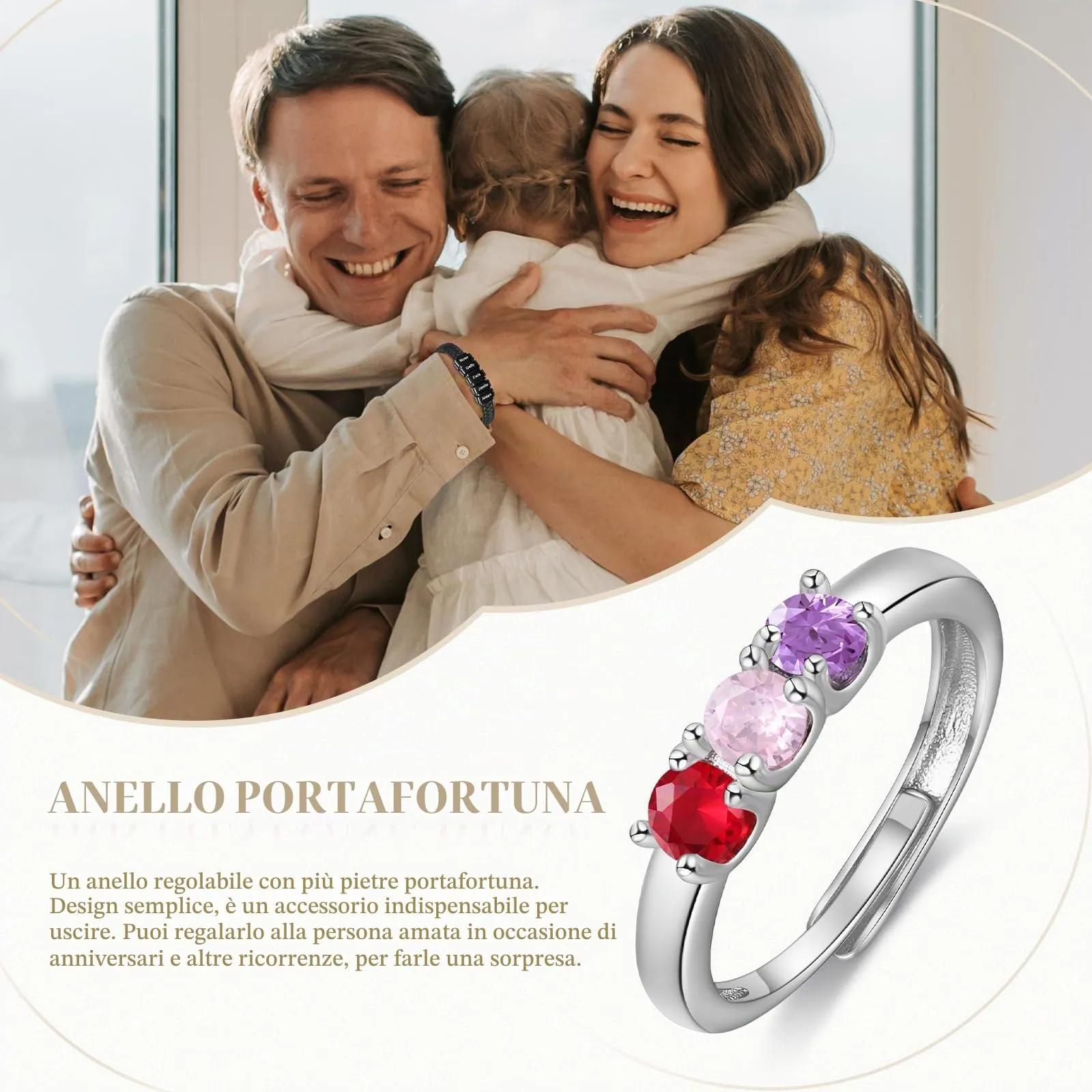 Presentimental Anello Personalizzato con Nomi e Pietre di Nascita Anello Aperto Regolabile Donna Regalo Mamma Moglie Fidanzata - immagine 4