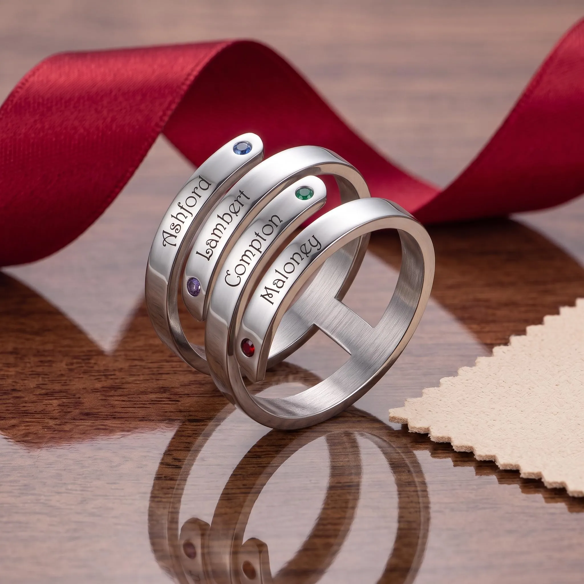 Presentimental Anello Personalizzato con Nomi e Pietre di Nascita Anello Aperto Regolabile Donna Regalo Mamma Moglie Fidanzata - immagine 4