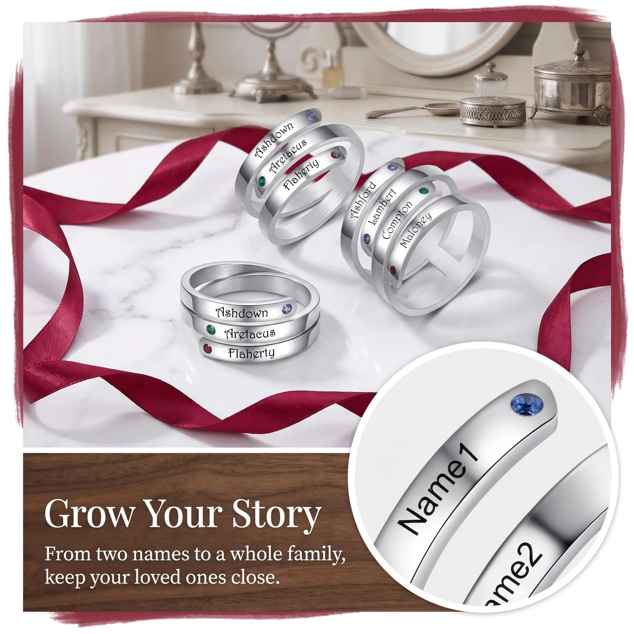 Presentimental Anello Personalizzato con Nomi e Pietre di Nascita Anello Aperto Regolabile Donna Regalo Mamma Moglie Fidanzata - immagine 7