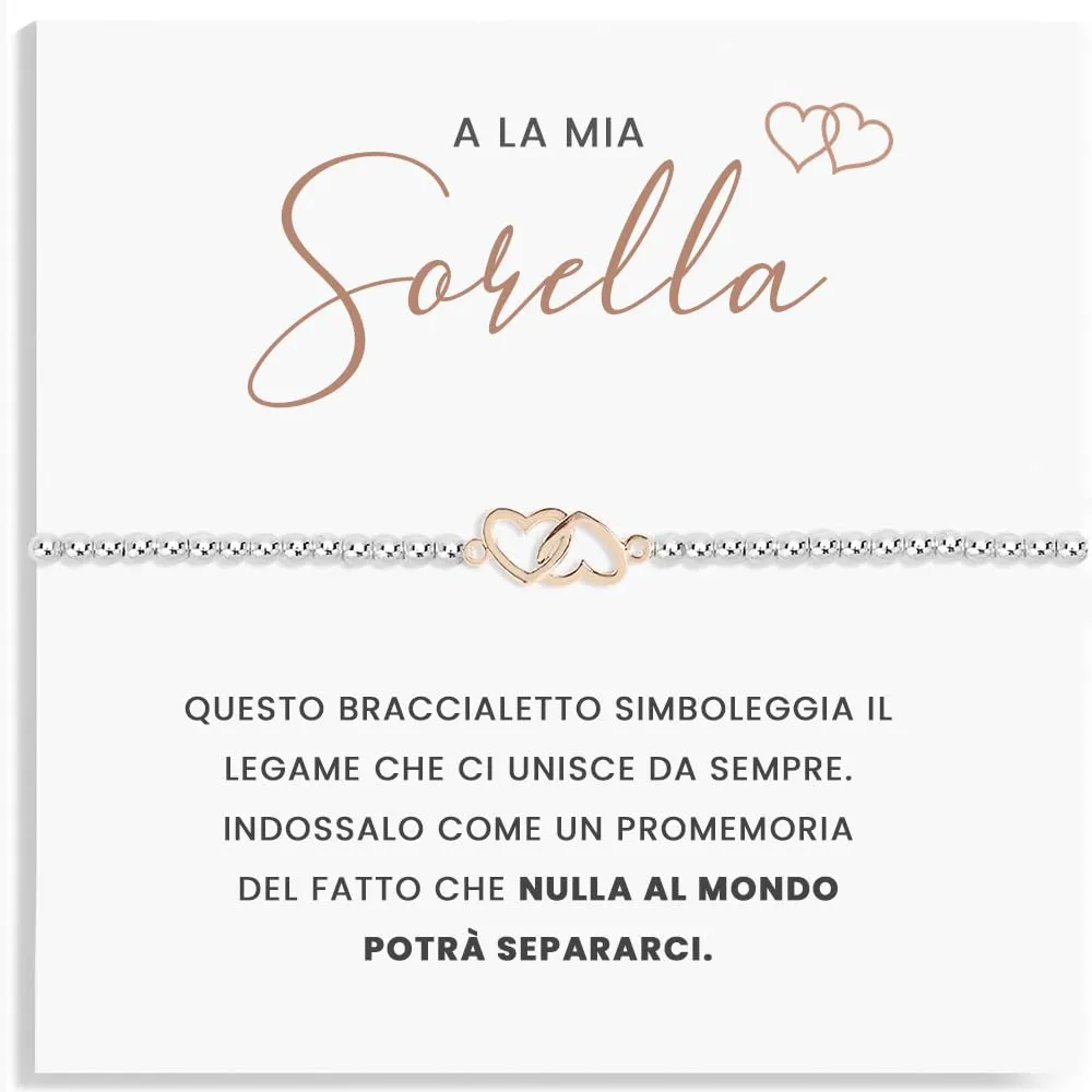 TESORELLA Regalo Sorella Compleanno, Bracciale Donna con Cuori Intrecciati e Biglietto con Dedica in Scatolina, Braccialetto per Sorelle, Regali Originali per Lei, Sorella Maggiore, Natale - immagine 1