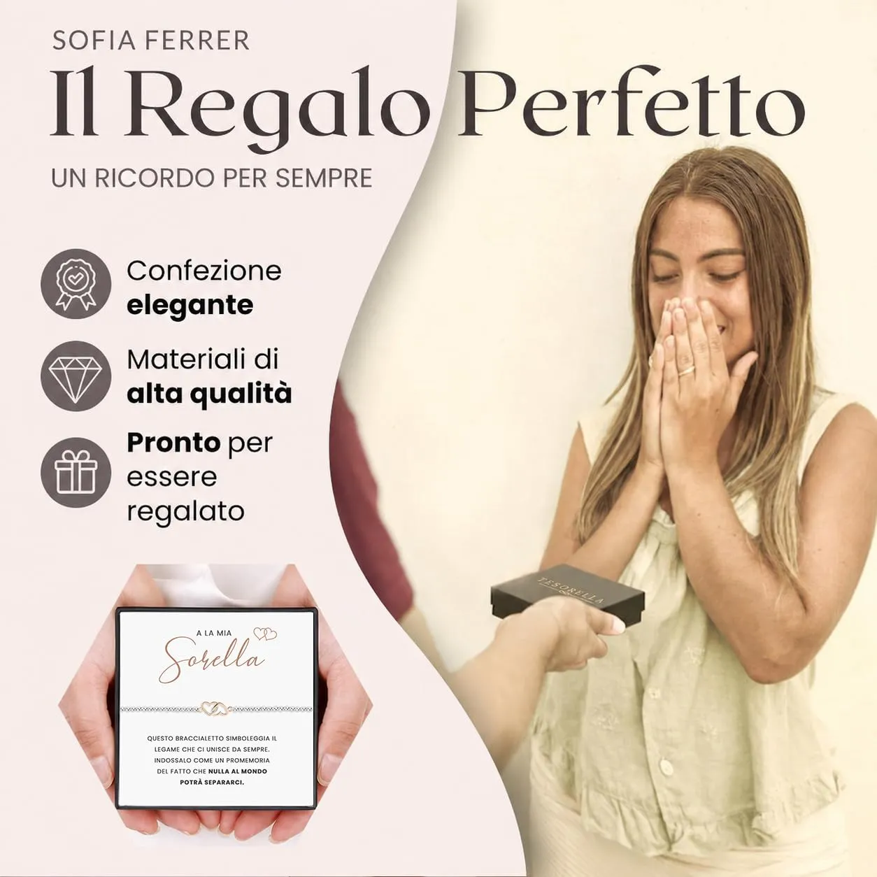 TESORELLA Regalo Sorella Compleanno, Bracciale Donna con Cuori Intrecciati e Biglietto con Dedica in Scatolina, Braccialetto per Sorelle, Regali Originali per Lei, Sorella Maggiore, Natale - immagine 2