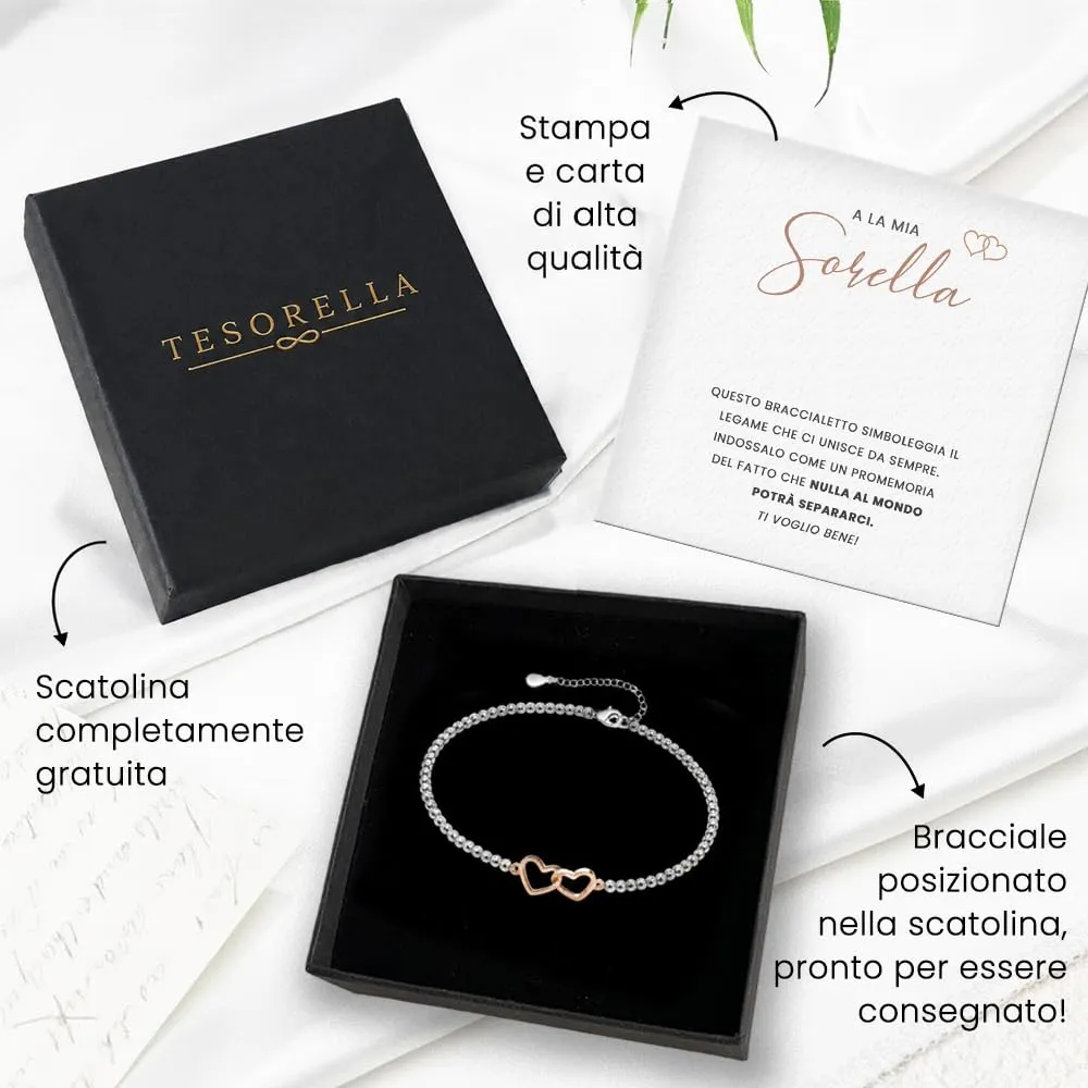 TESORELLA Regalo Sorella Compleanno, Bracciale Donna con Cuori Intrecciati e Biglietto con Dedica in Scatolina, Braccialetto per Sorelle, Regali Originali per Lei, Sorella Maggiore, Natale - immagine 5