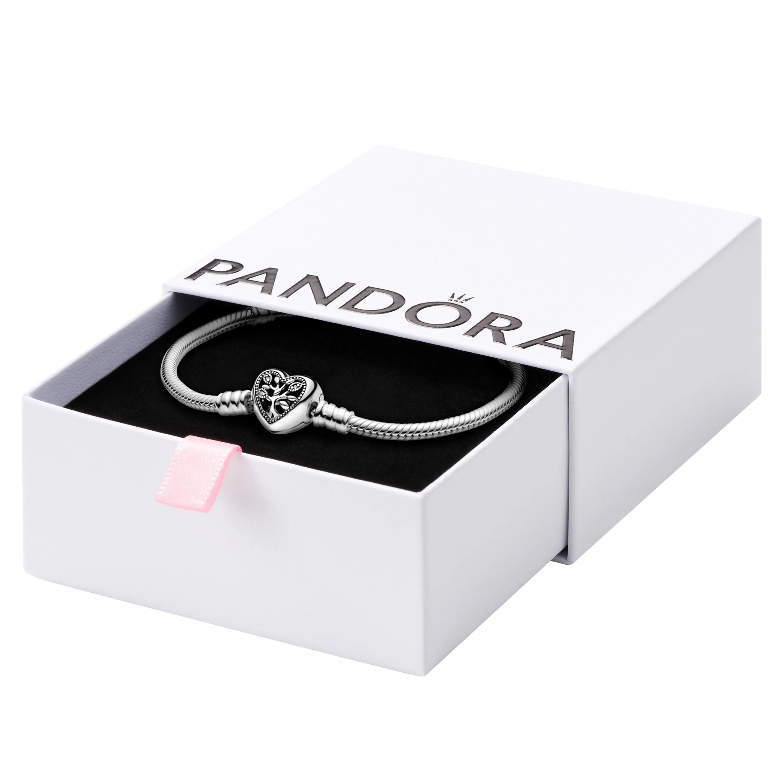 PANDORA Braccialetto con albero e scritta Family in maglia snake e chiusura a forma di cuore, 19 - immagine 1