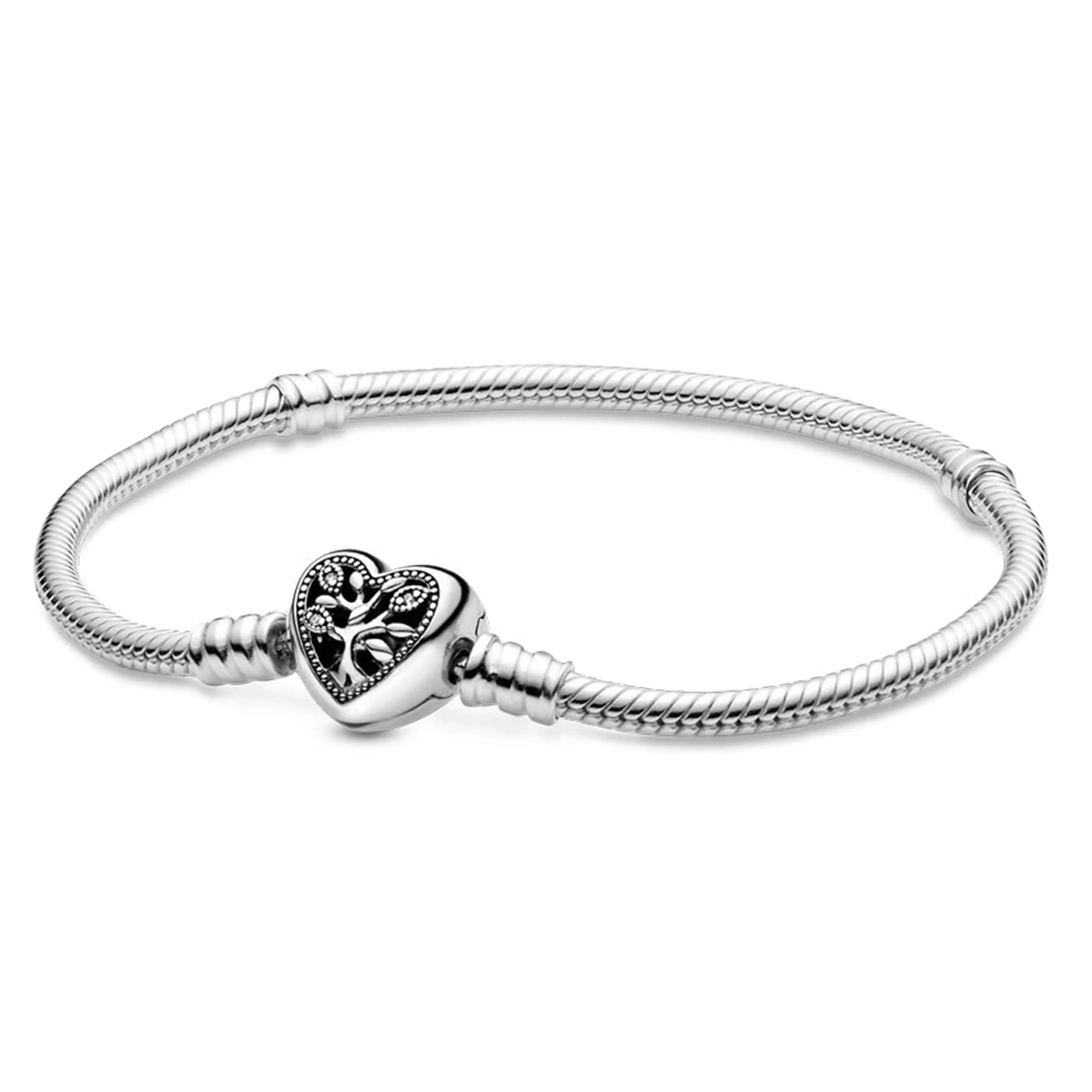 PANDORA Braccialetto con albero e scritta Family in maglia snake e chiusura a forma di cuore, 16 - immagine 2