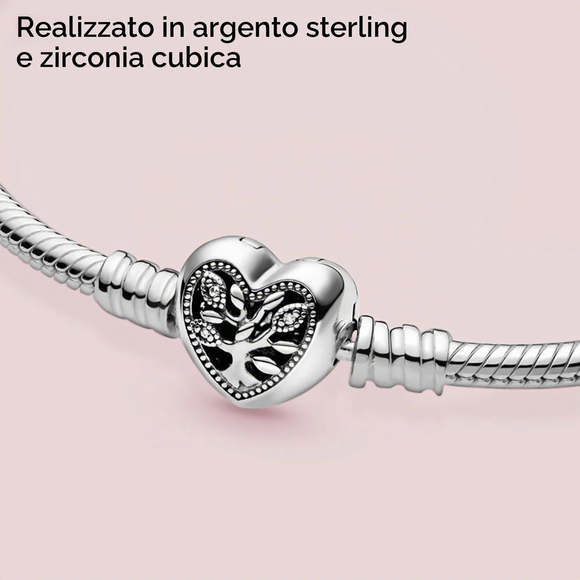 PANDORA Braccialetto con albero e scritta Family in maglia snake e chiusura a forma di cuore, 17 - immagine 6