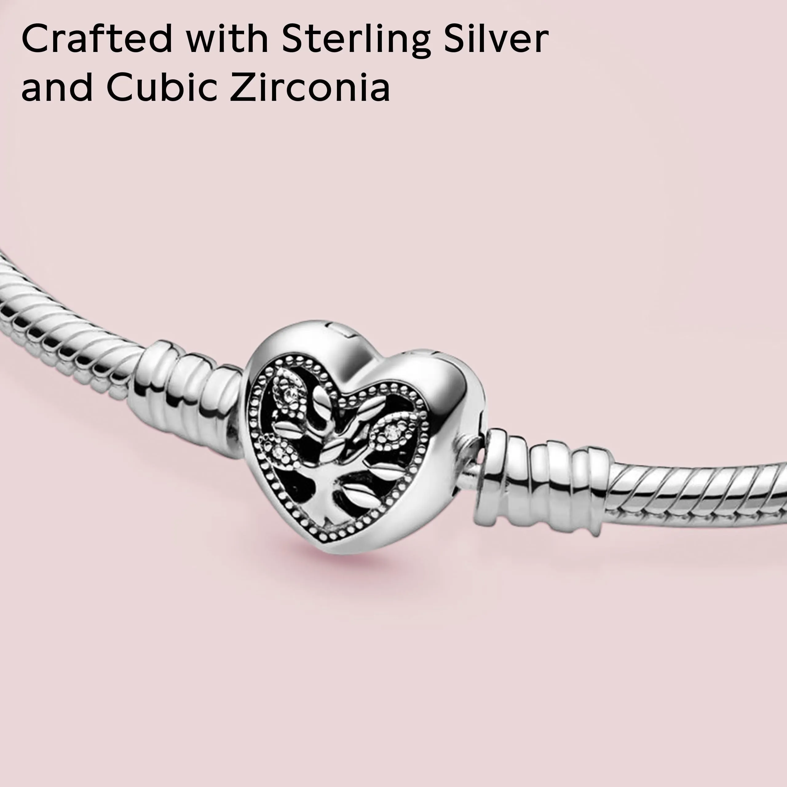 PANDORA Braccialetto con albero e scritta Family in maglia snake e chiusura a forma di cuore, 21 - immagine 5