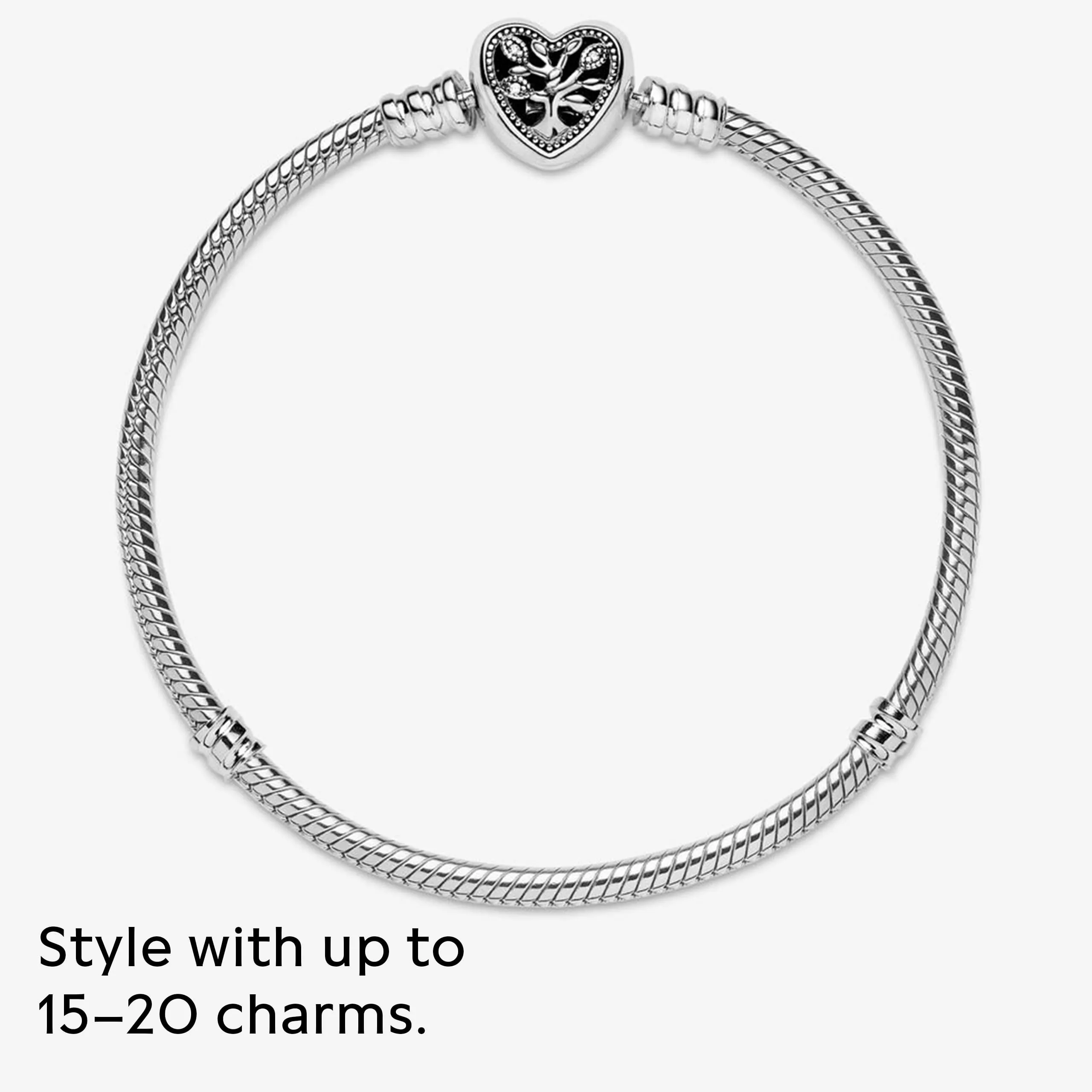 PANDORA Braccialetto con albero e scritta Family in maglia snake e chiusura a forma di cuore, 23 - immagine 8