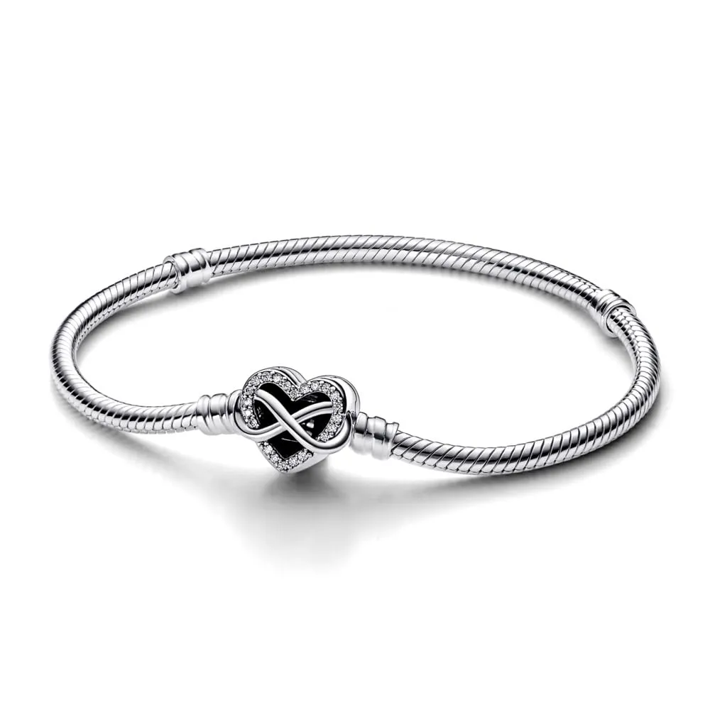 PANDORA Bracciale Moments in maglia snake in argento Sterling con chiusura a forma di cuore con simbolo dell'infinito con zirconi cubici trasparenti, 16 - immagine 1