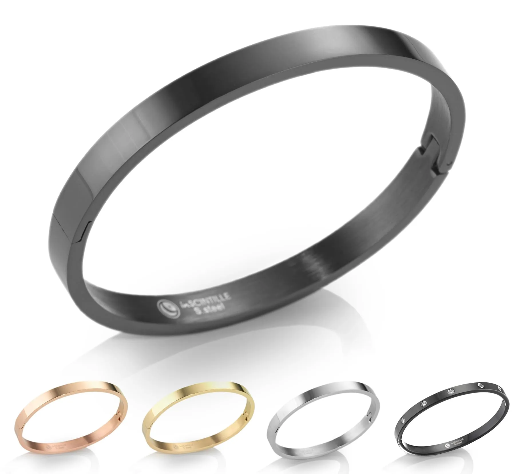 inSCINTILLE Bangle Bracciale Rigido Donna Uomo in Acciaio Inossidabile, Confezione Regalo Donna Uomo Inclusa, Braccialetti Bangles a Cerchio (Nero, Altezza 4mm - Circonferenza 21cm) - immagine 1
