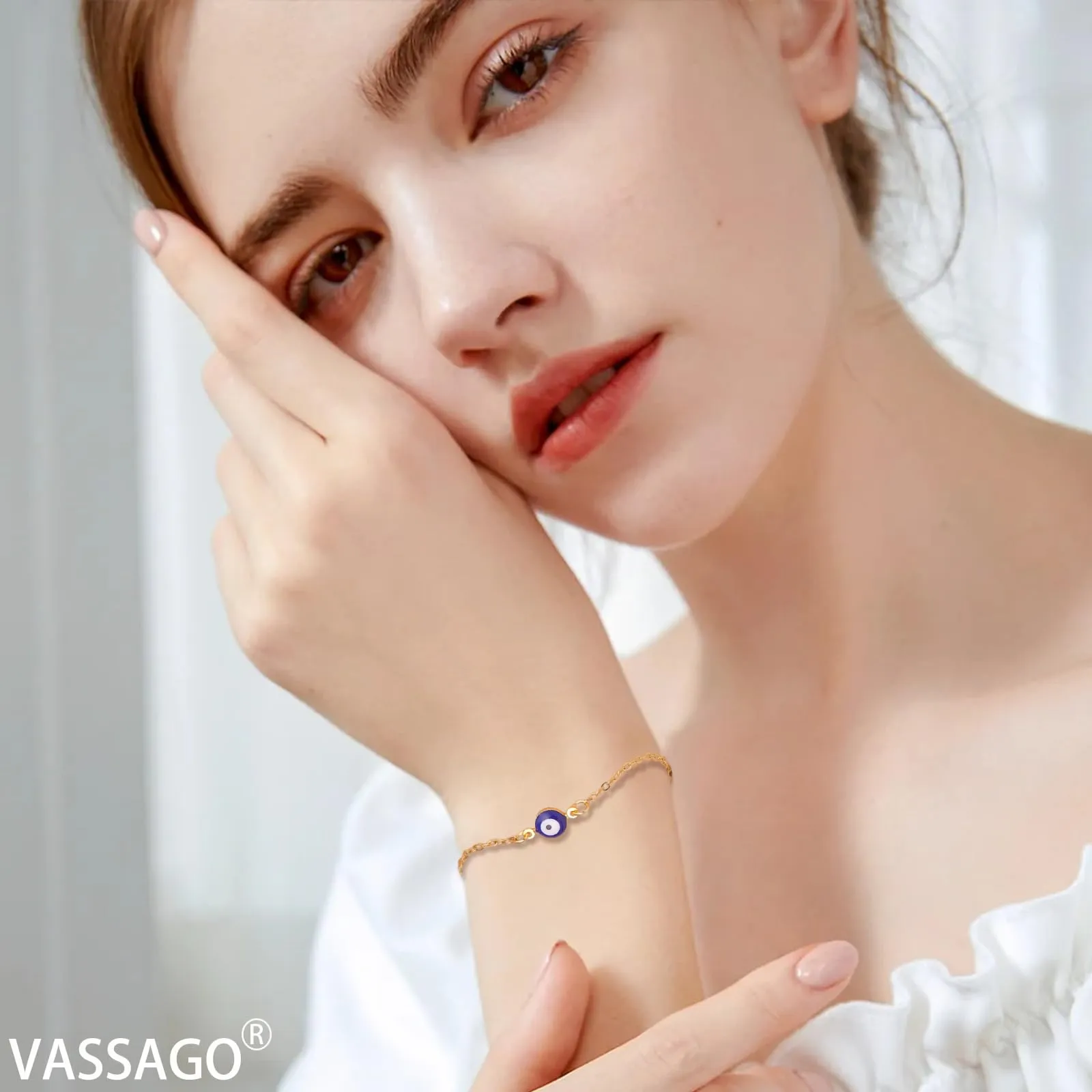 VASSAGO Delicato Braccialetto Malocchio Per Le Donne In Acciaio Inox Regolabile Occhio Turco Braccialetti Portafortuna Amuleto Gioielli Regalo (Oro 1) - immagine 2
