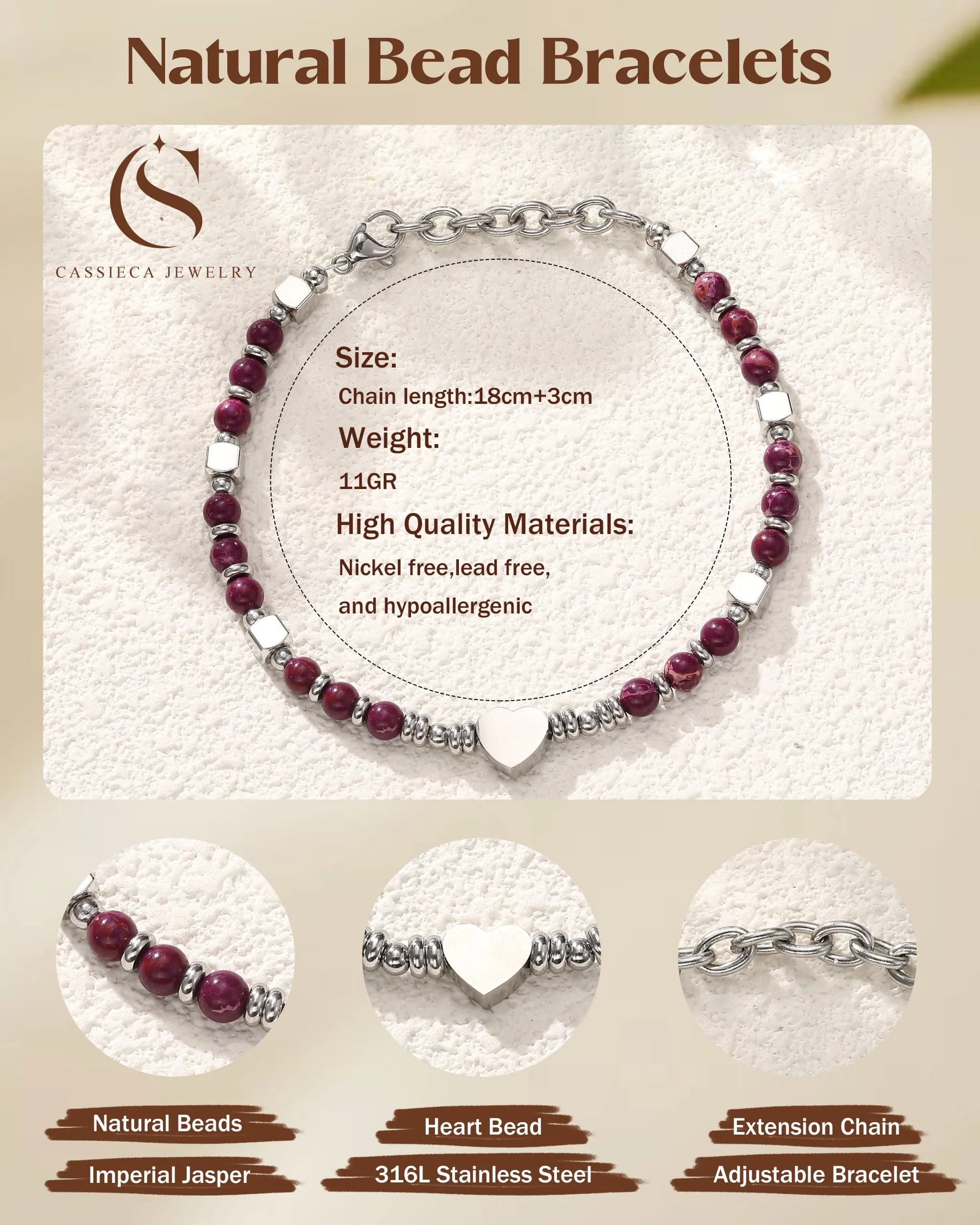 CASSIECA Bracciale Donna Braccialetti da Donna con Perline Ciondolo Cuore - immagine 2