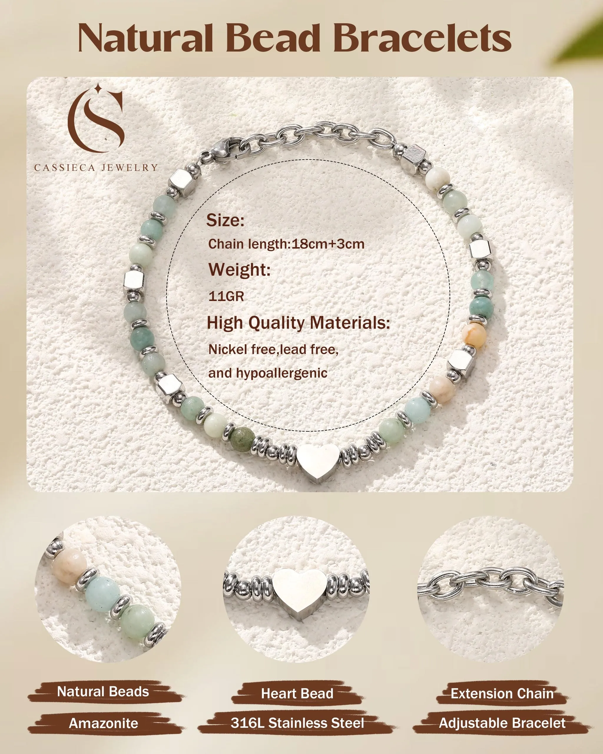 CASSIECA Bracciale Donna Braccialetti da Donna con Perline Ciondolo Cuore - immagine 2