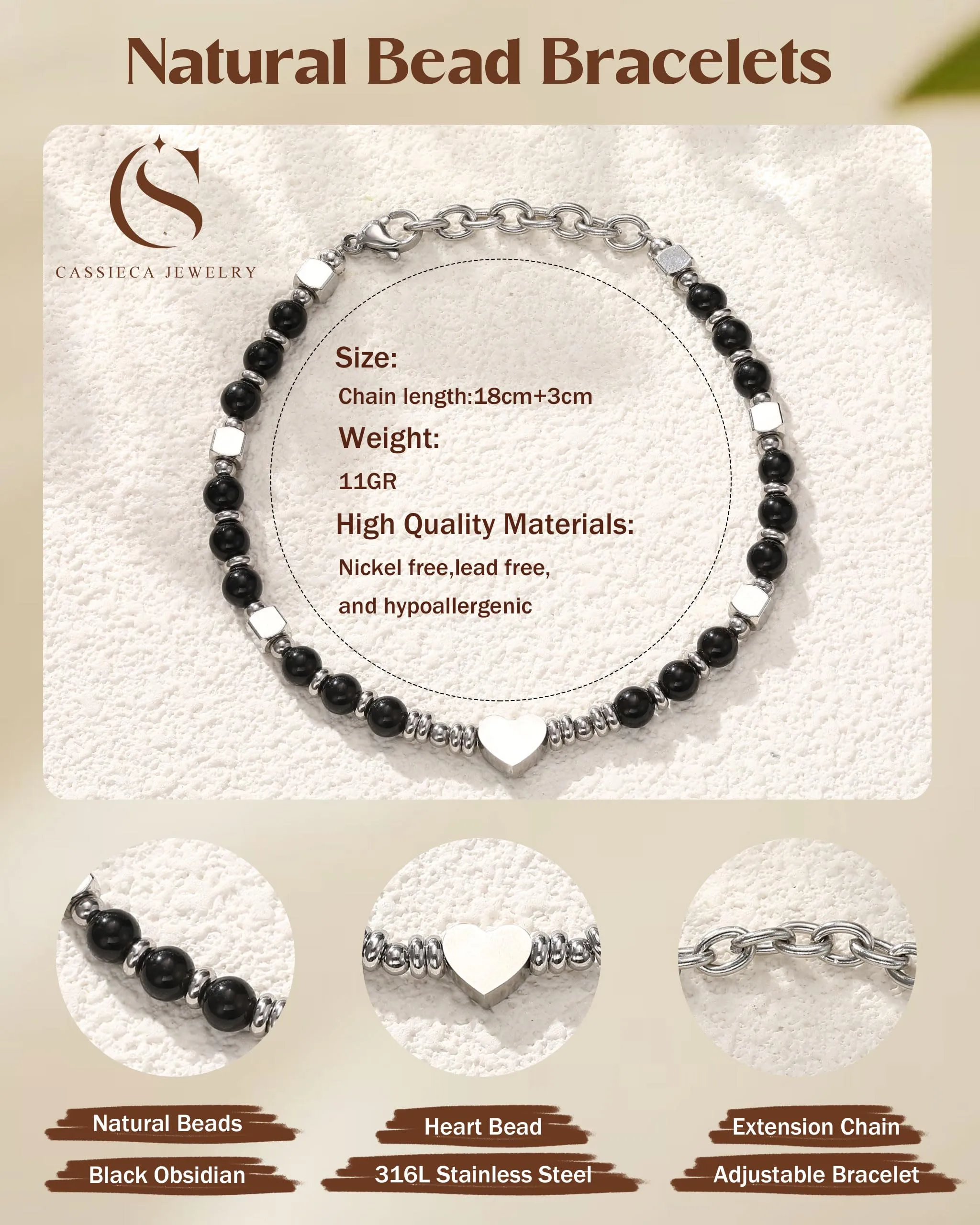CASSIECA Bracciale Donna Braccialetti da Donna con Perline Ciondolo Cuore - immagine 2