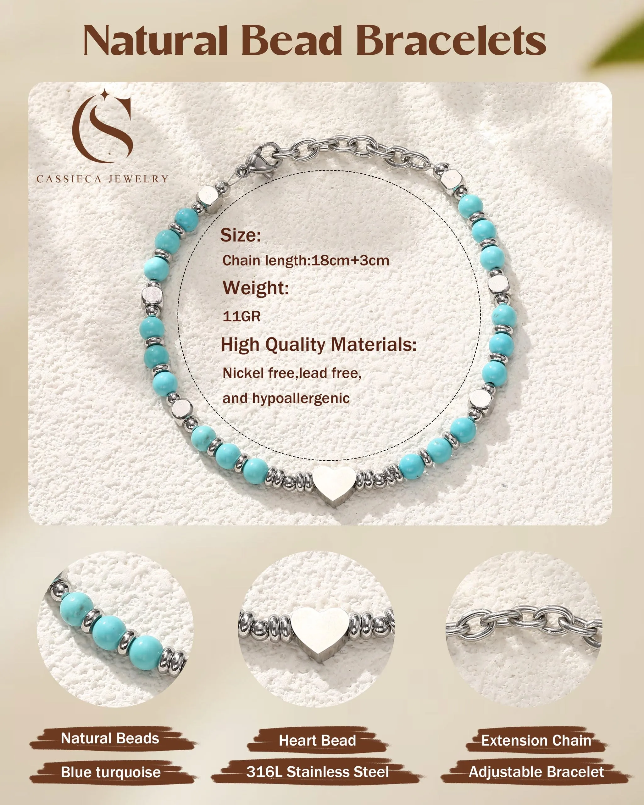 CASSIECA Bracciale Donna Braccialetti da Donna con Perline Ciondolo Cuore - immagine 2