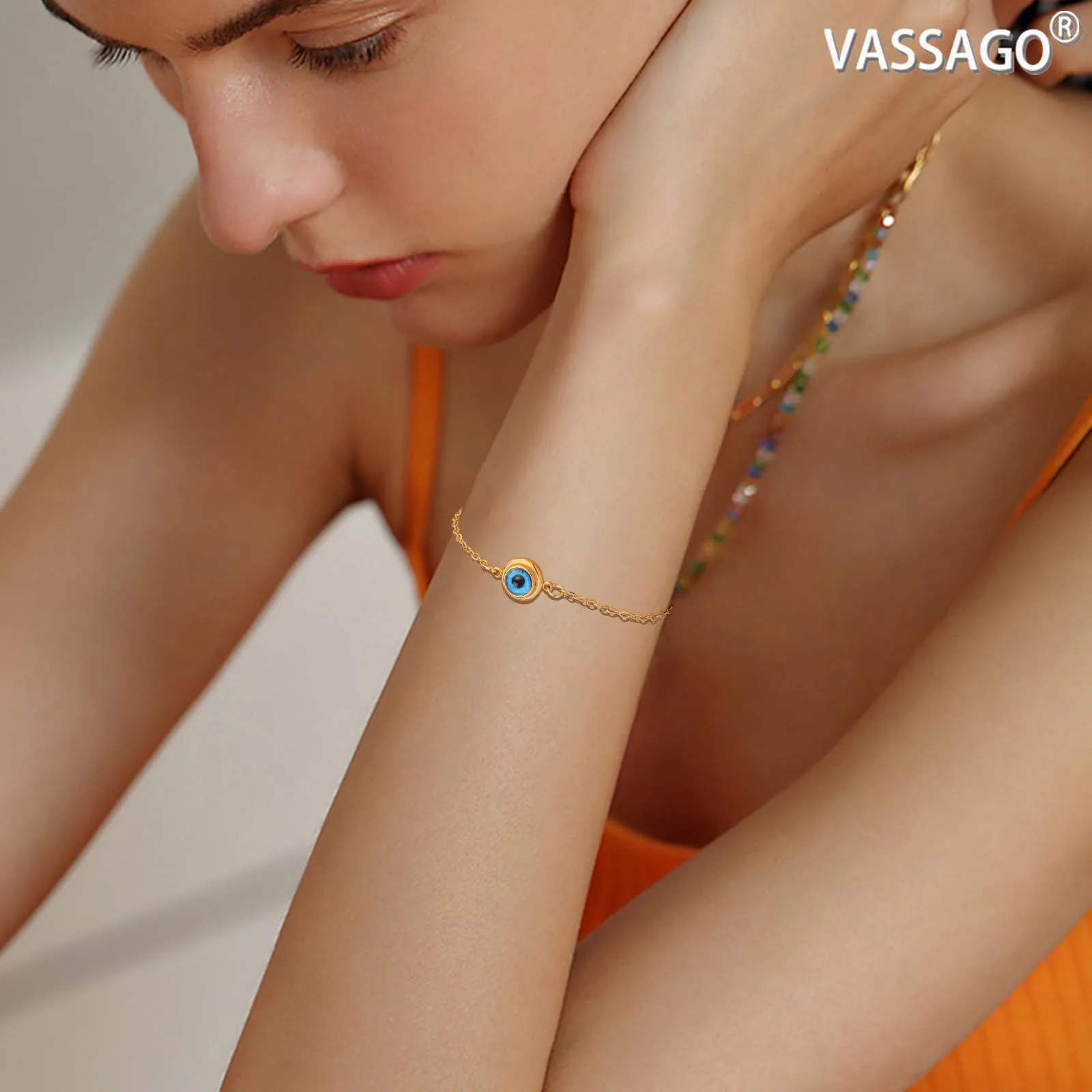 VASSAGO Delicato Braccialetto Malocchio Per Le Donne In Acciaio Inox Regolabile Occhio Turco Braccialetti Portafortuna Amuleto Gioielli Regalo (Bracciale d'oro) - immagine 2