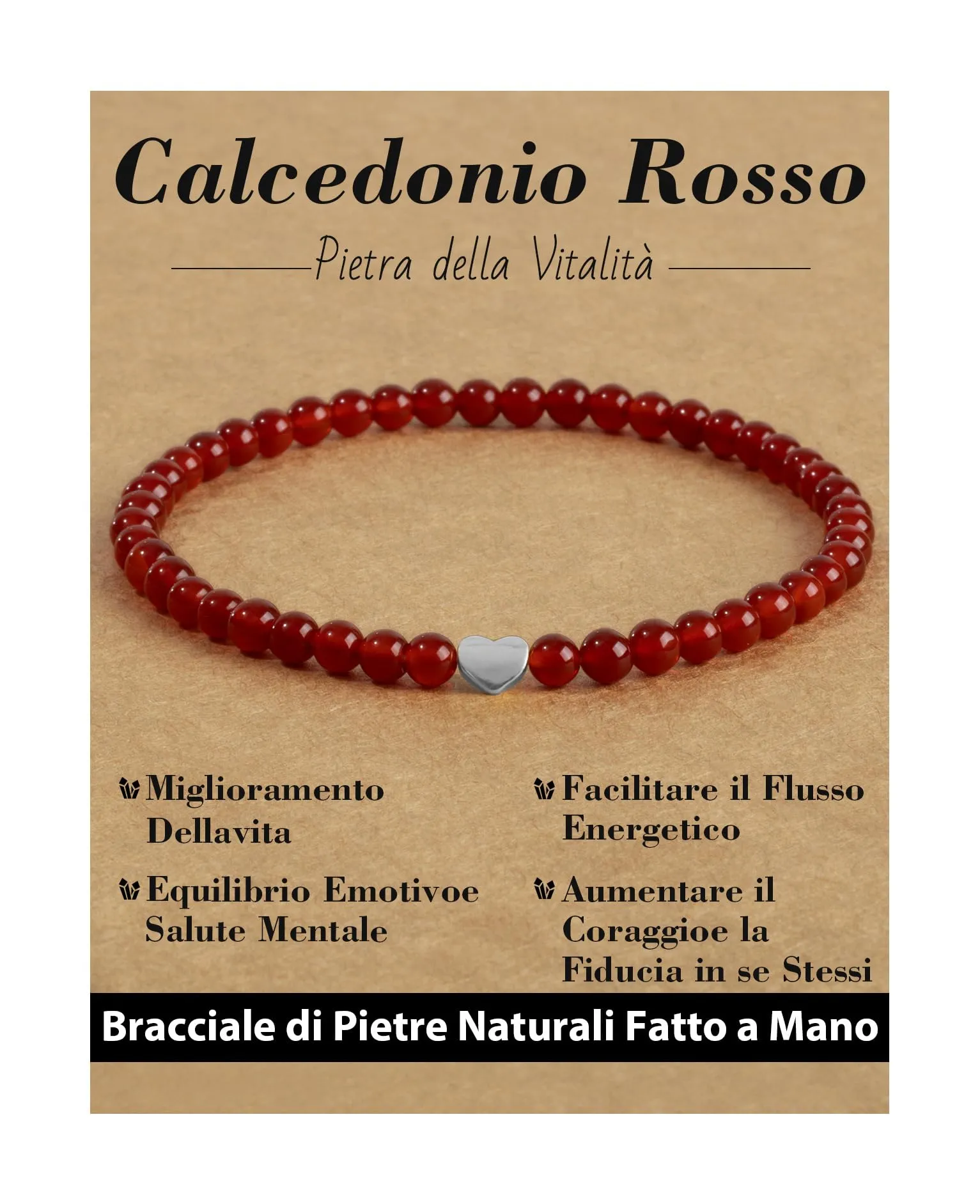 Landorilo Bracciale Donna, Pietra Naturale 4mm, Calcedonio Rosso A - immagine 1