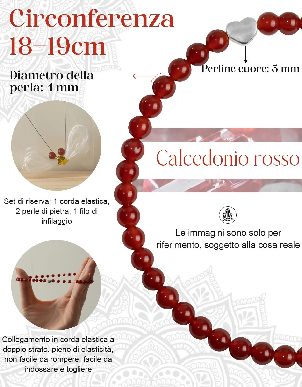 Landorilo Bracciale Donna, Pietra Naturale 4mm, Calcedonio Rosso A - immagine 4