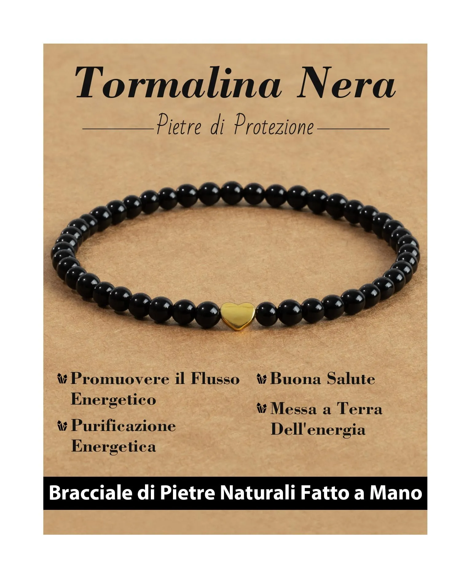 Landorilo Bracciale Donna, Pietra Naturale 4mm, Tormalina Nera O - immagine 1