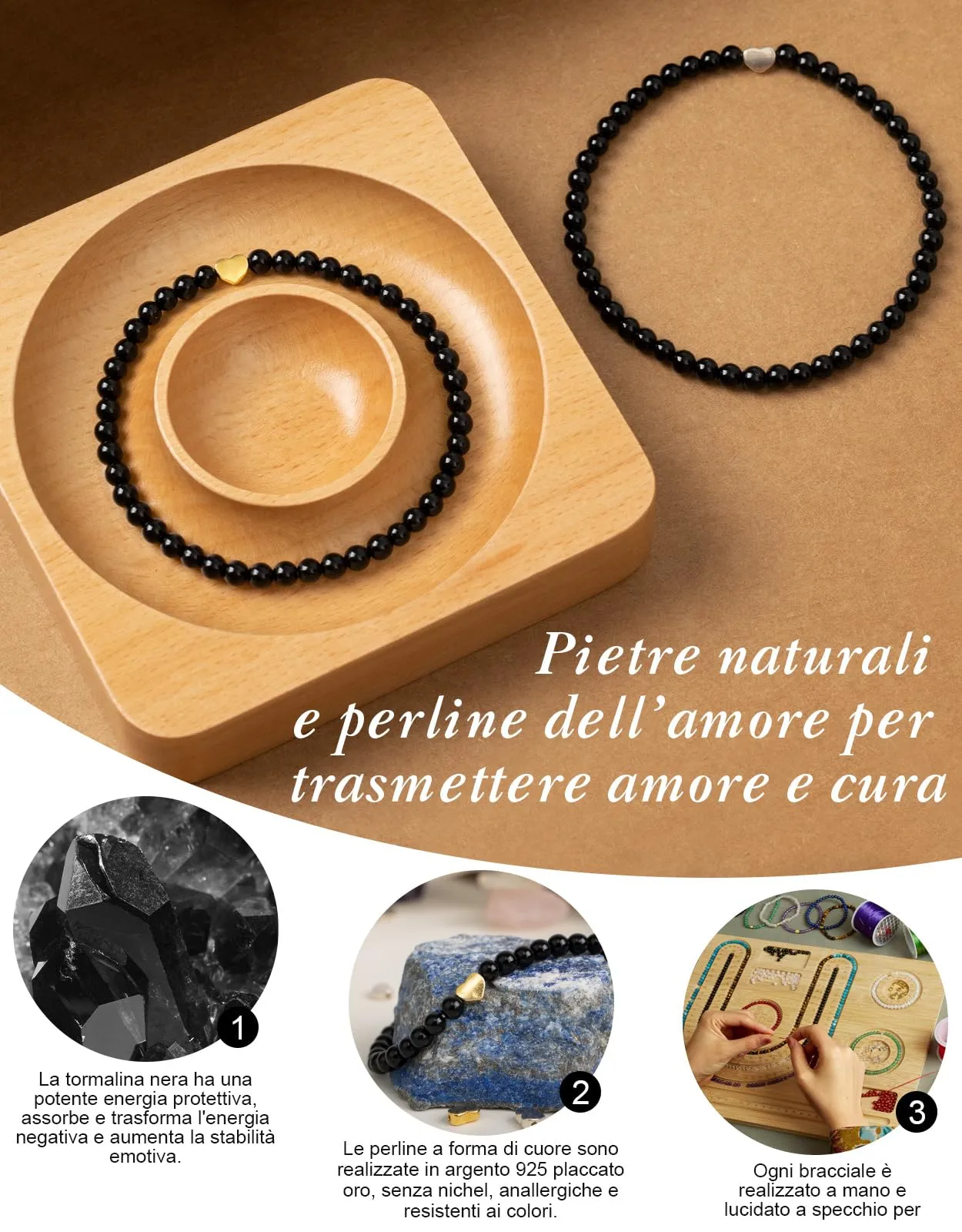 Landorilo Bracciale Donna, Pietra Naturale 4mm, Tormalina Nera O - immagine 3