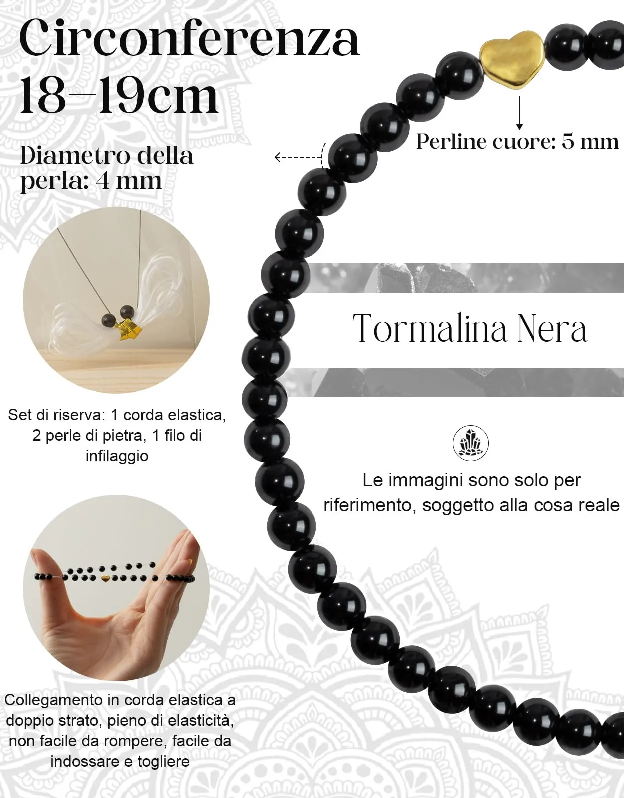 Landorilo Bracciale Donna, Pietra Naturale 4mm, Tormalina Nera O - immagine 4