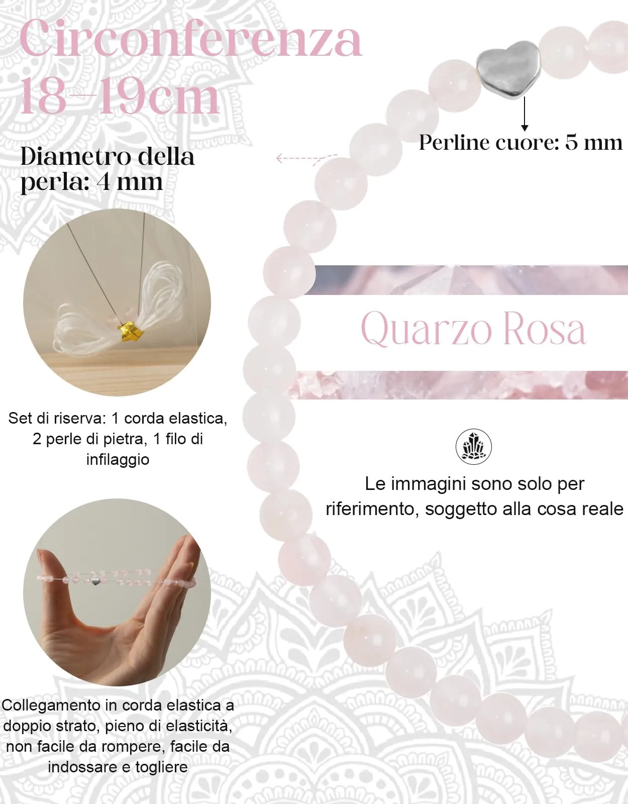 Landorilo Bracciale Donna, Pietra Naturale 4mm, Quarzo Rosa A - immagine 4