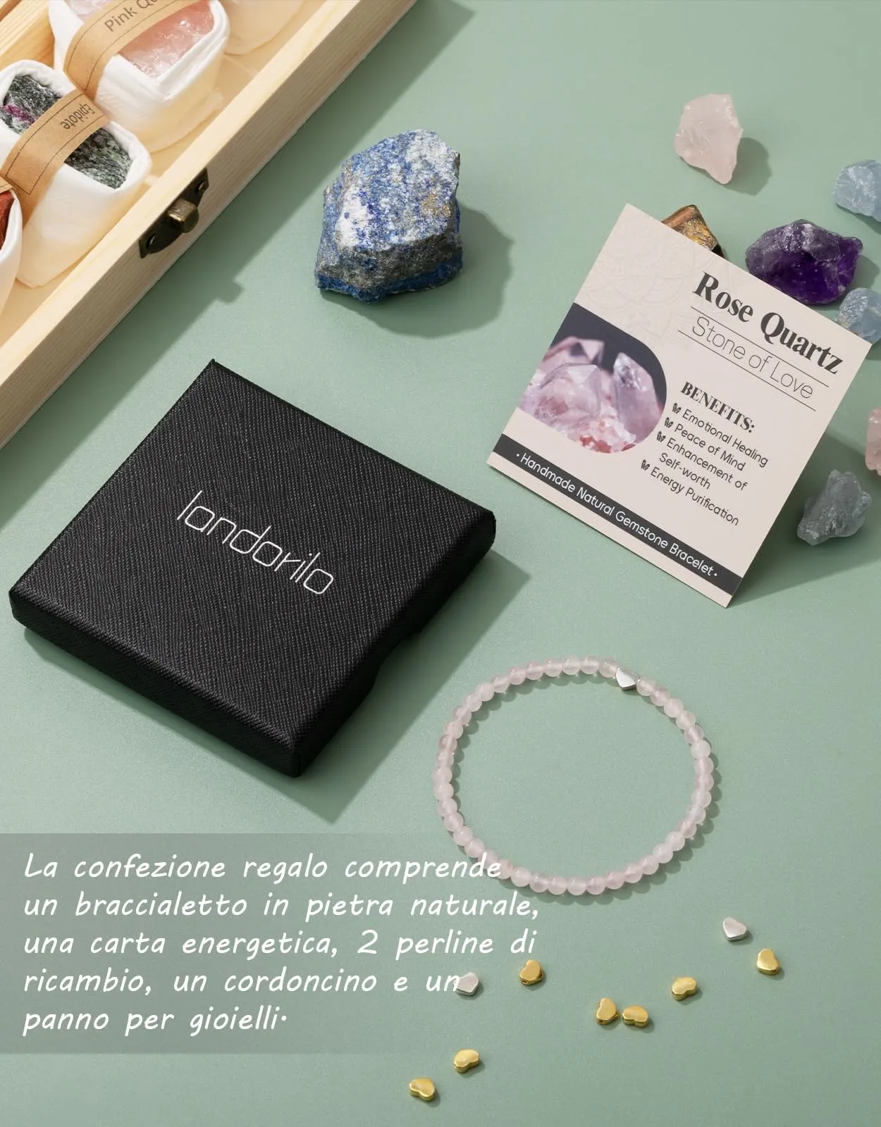 Landorilo Bracciale Donna, Pietra Naturale 4mm, Quarzo Rosa A - immagine 6