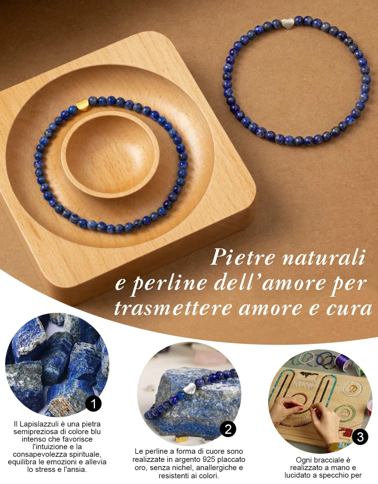 Landorilo Bracciale Donna, Pietra Naturale 4mm, Lapislazzuli A - immagine 3
