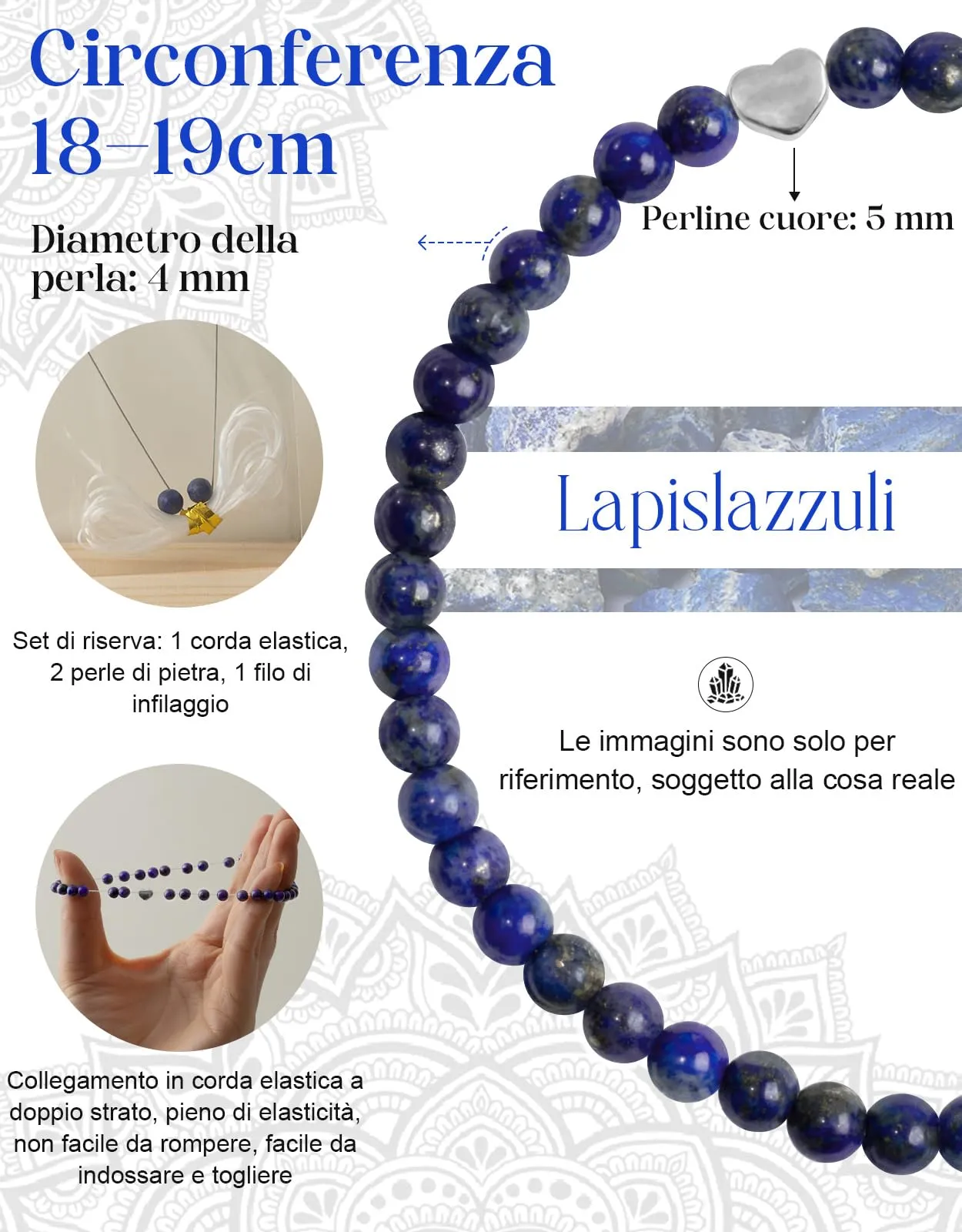 Landorilo Bracciale Donna, Pietra Naturale 4mm, Lapislazzuli A - immagine 4