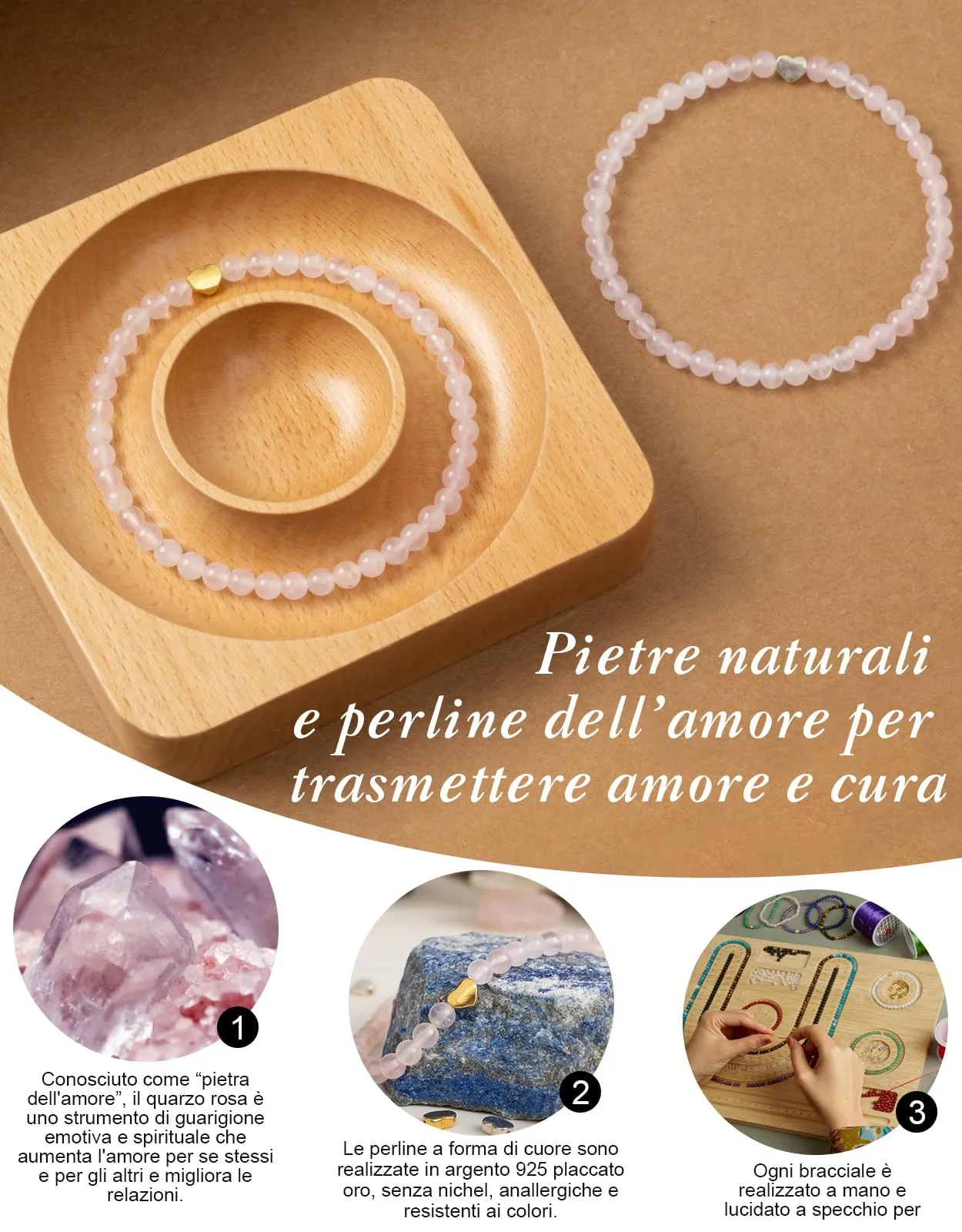Landorilo Bracciale Donna, Pietra Naturale 4mm, Quarzo Rosa O - immagine 3