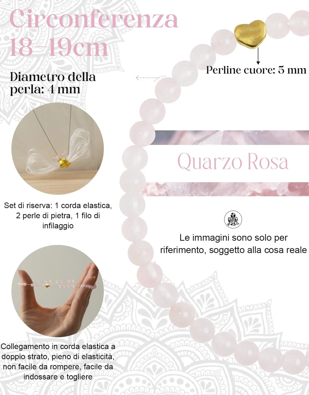 Landorilo Bracciale Donna, Pietra Naturale 4mm, Quarzo Rosa O - immagine 4