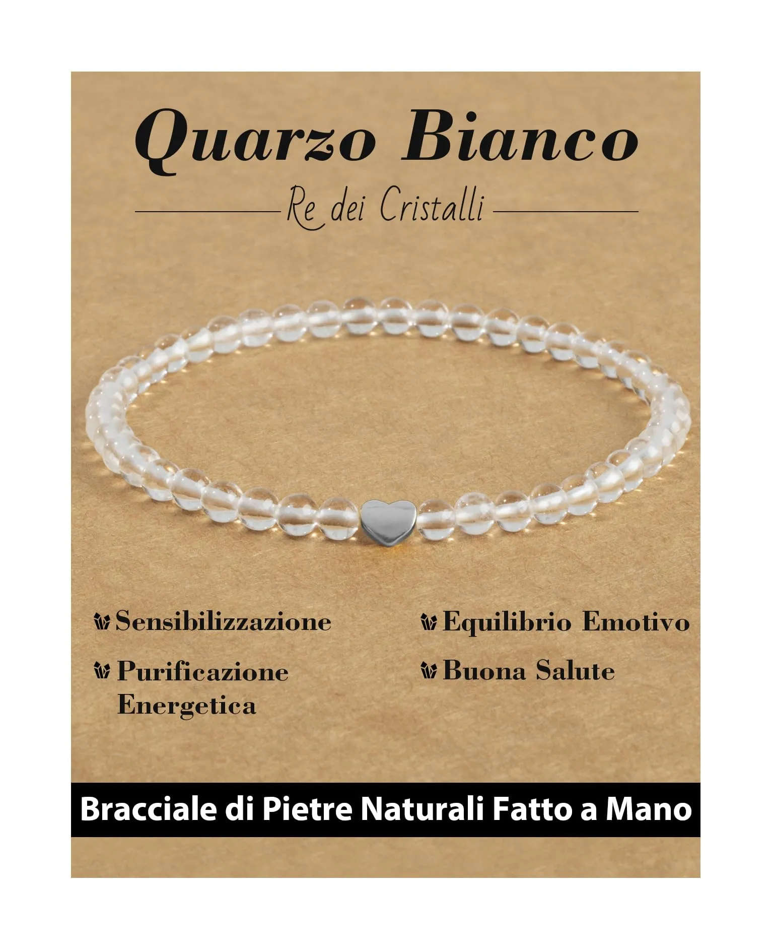 Landorilo Bracciale Donna, Pietra Naturale 4mm, Quarzo Bianco A - immagine 1