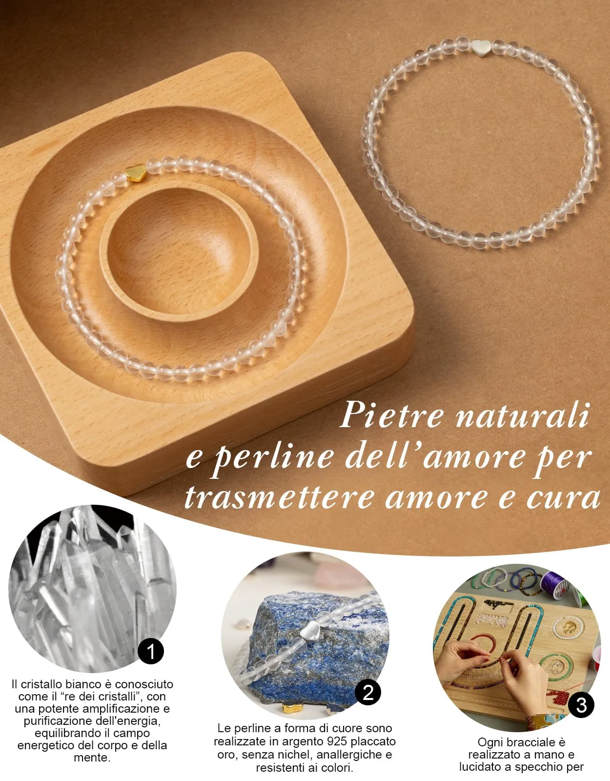 Landorilo Bracciale Donna, Pietra Naturale 4mm, Quarzo Bianco A - immagine 3