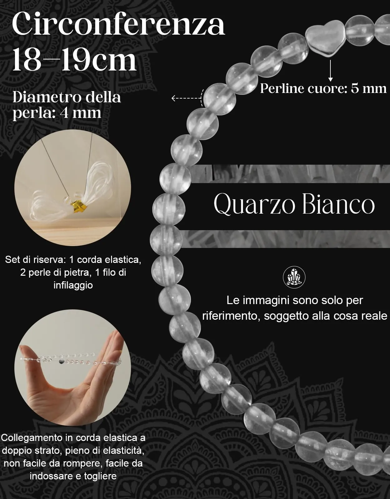 Landorilo Bracciale Donna, Pietra Naturale 4mm, Quarzo Bianco A - immagine 4