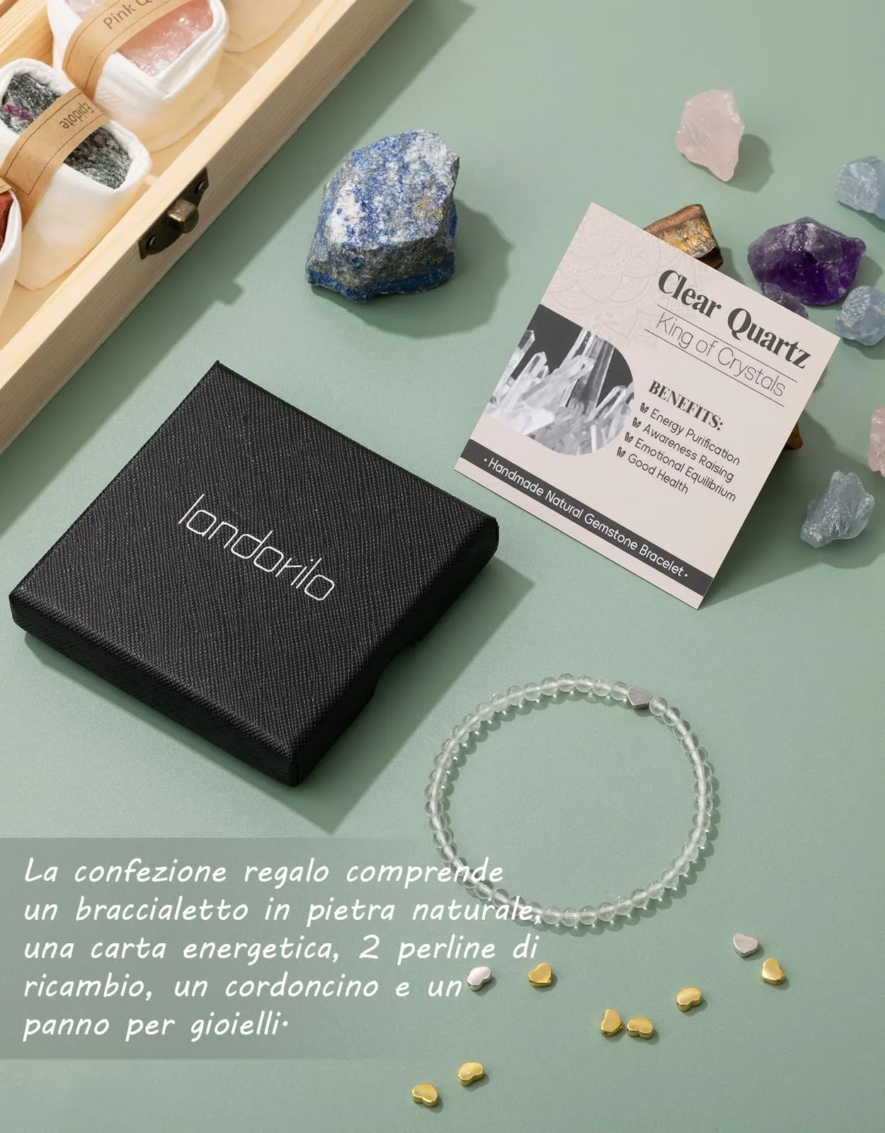 Landorilo Bracciale Donna, Pietra Naturale 4mm, Quarzo Bianco A - immagine 6