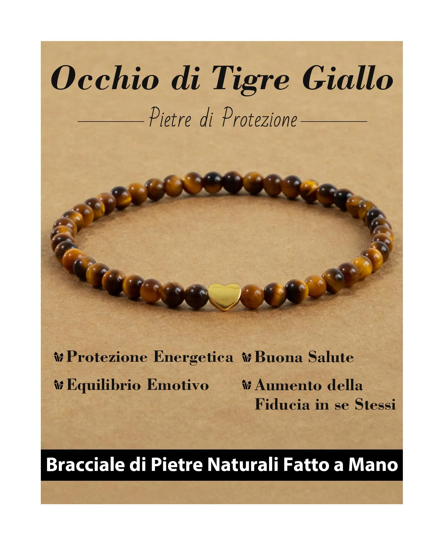 Landorilo Bracciale Donna, Pietra Naturale 4mm, Occhio di Tigre Giallo O - immagine 1