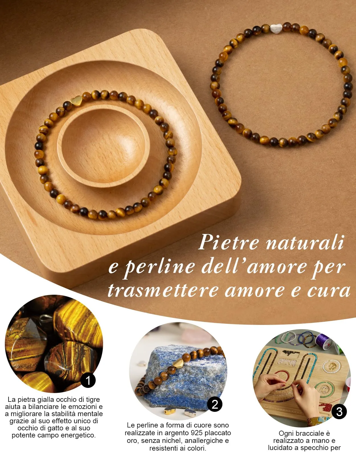 Landorilo Bracciale Donna, Pietra Naturale 4mm, Occhio di Tigre Giallo O - immagine 3