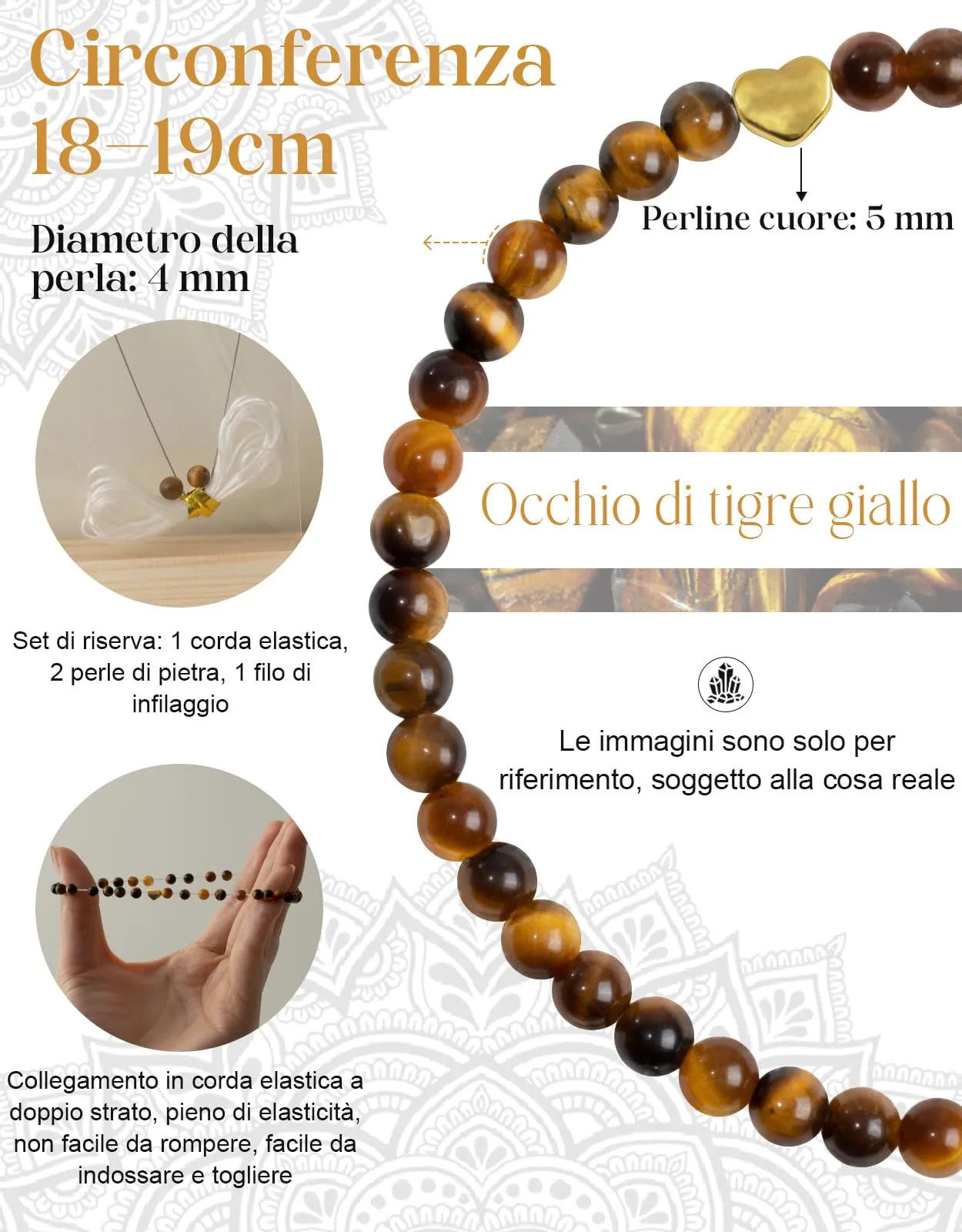 Landorilo Bracciale Donna, Pietra Naturale 4mm, Occhio di Tigre Giallo O - immagine 4