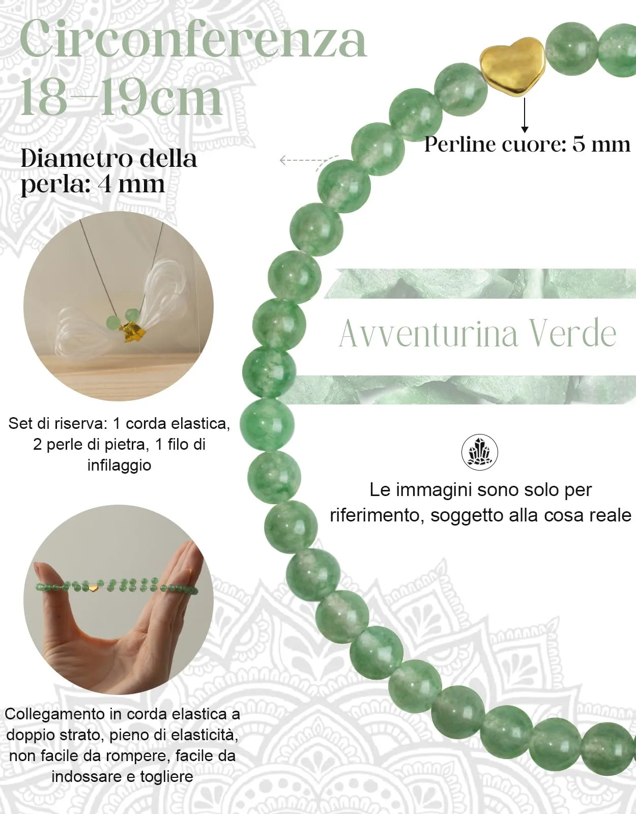 Landorilo Bracciale Donna, Pietra Naturale 4mm, Avventurina Verde O - immagine 4