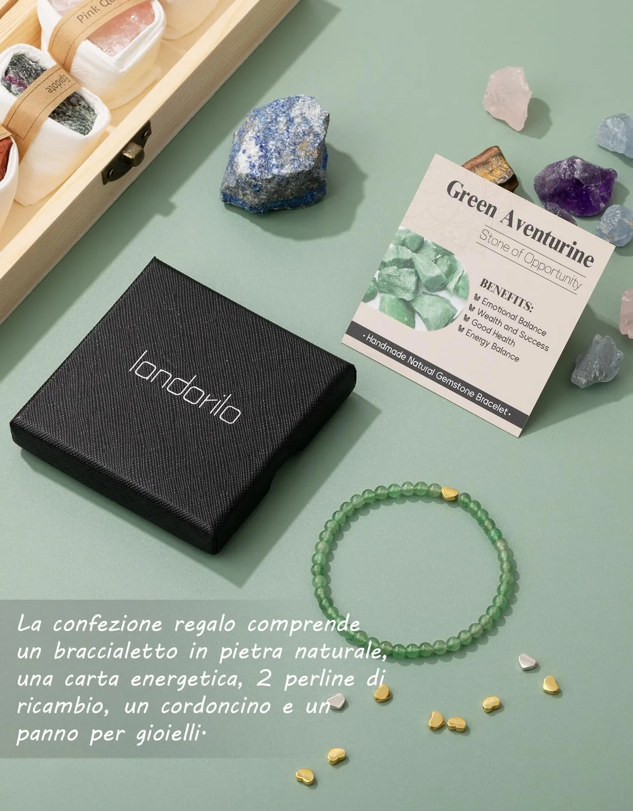 Landorilo Bracciale Donna, Pietra Naturale 4mm, Avventurina Verde O - immagine 6
